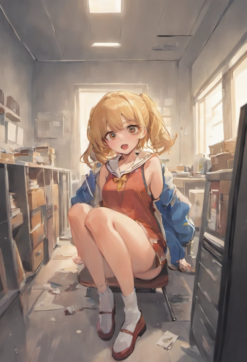 hi-school girl,bobhair,tits out,Sitting on a desk,She is wearing black stockings and opening her thighs.,A little shy face,a sailor suit,an animated character,Anime style,1.0,high-level image quality