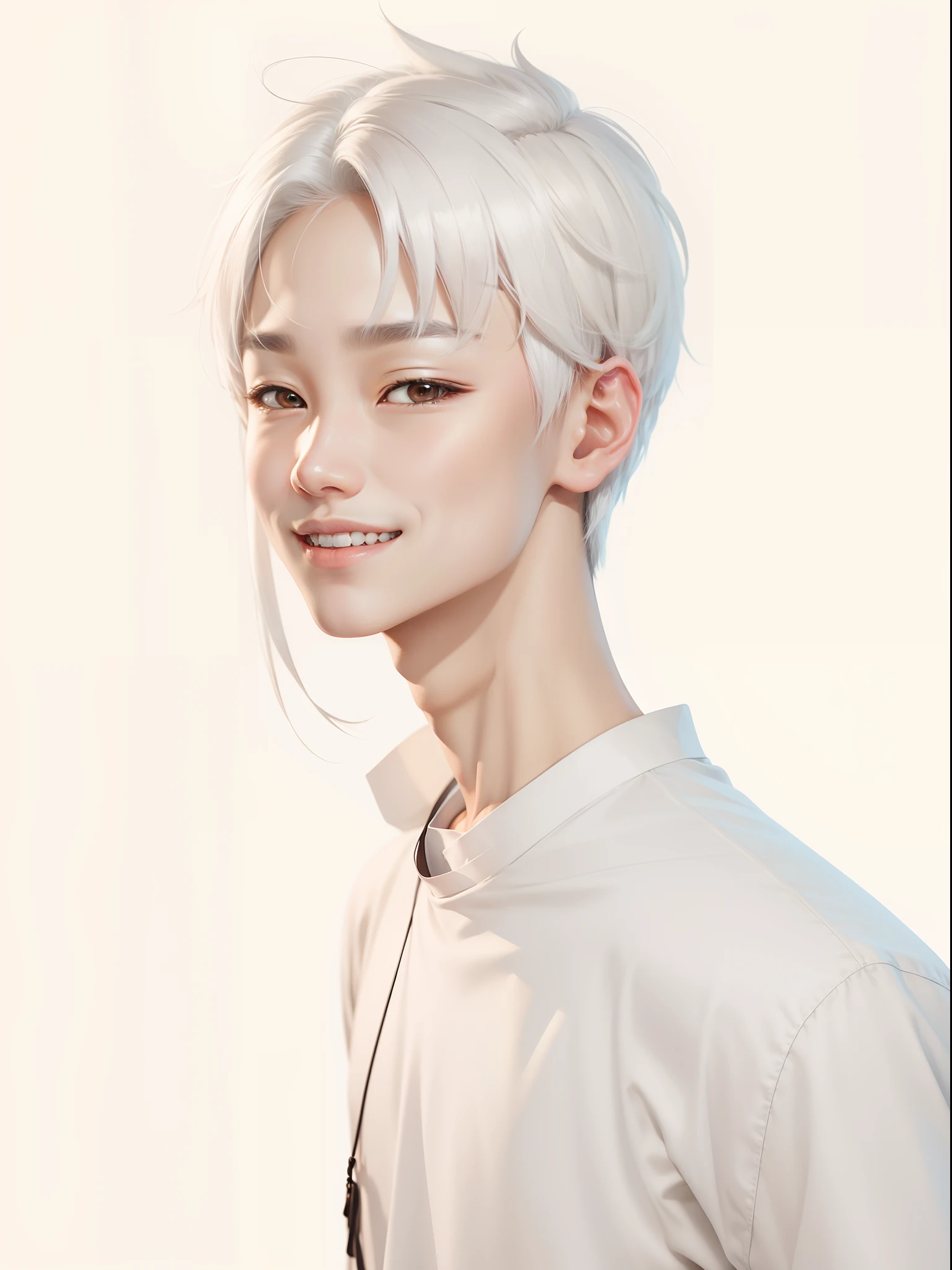 Korean cute boy,white hair, brown eyes, white t-shirts,smile,eye smile, realistic