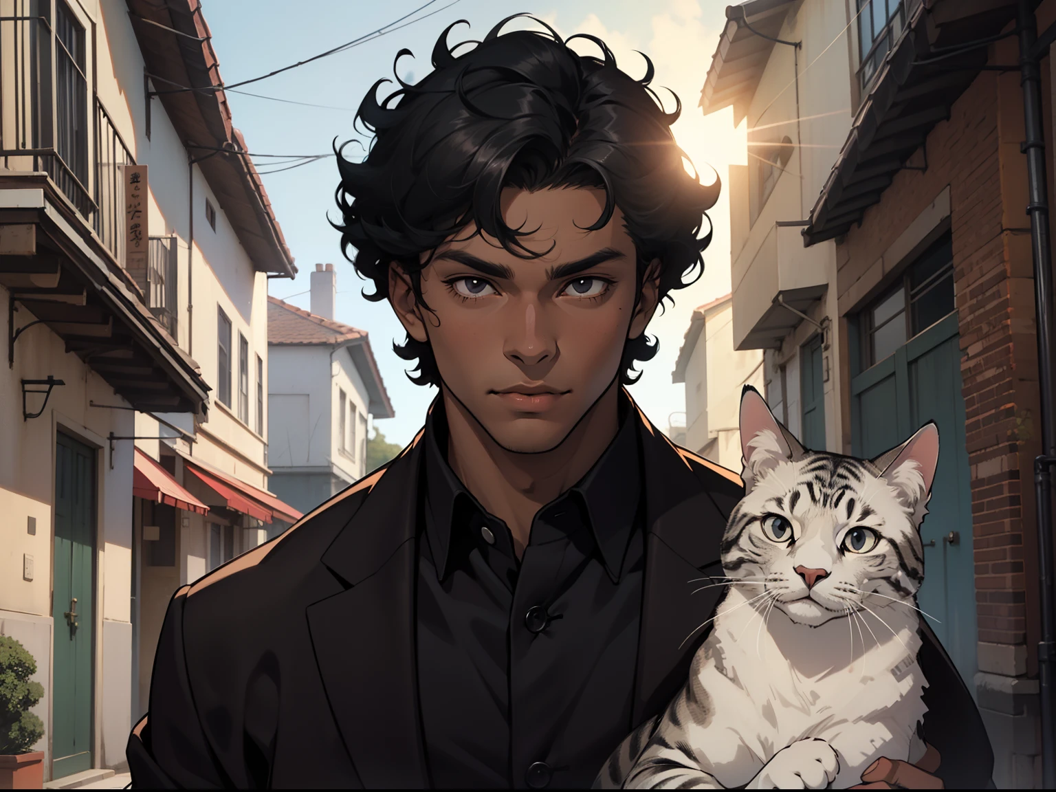 dark skin man, male, black eyes, full lips, sunlight, curly black hair, with a cat, preppy Outfit, pretty, highly detailed, cinematic, epic, anime style