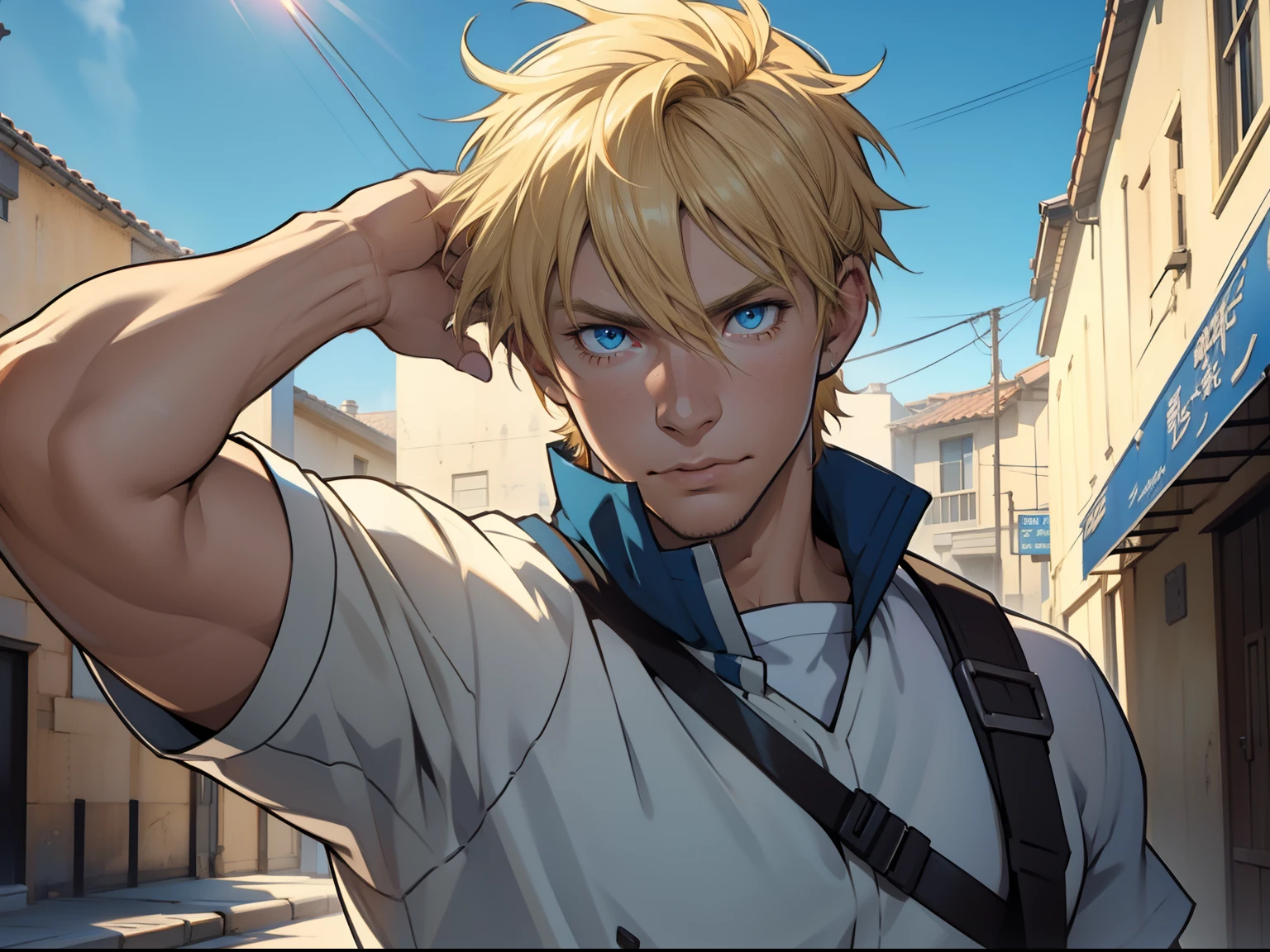 caucasian man, male, blue eyes, sunlight, blonde hair, jock Outfit, pretty, highly detailed, cinematic, epic, anime style
