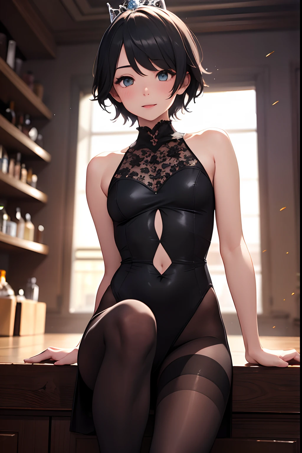 ((masterpiece,best quality)), highres, extremely detailed 8K wallpaper, depth_of_field, best shadow, (Colorful),(Delicate eyes and face), nice hand, Perfect hands, (Perfect lighting), Ray tracing, BREAK
dancing, (1girl in), mogami \(kancolle\), black hair, short hair, black eyes / green eyes, swept bangs, small breasts, slender, skinny, smile, (full-face blush), open mouth, BREAK,
(ballerina, ballet:1.2), (tutu:1.3), (dark leotard:1.2), (transparent dark dress:1.3), (black pantyhose:1.2), bare shoulders, tiara, cameltoe, point shoes, ballet slippers, sexy, BREAK,
(cowboy shot and knee:1.5), stomach focus, ((dancing saloon)), night time, (dark backgrounds:1.3),