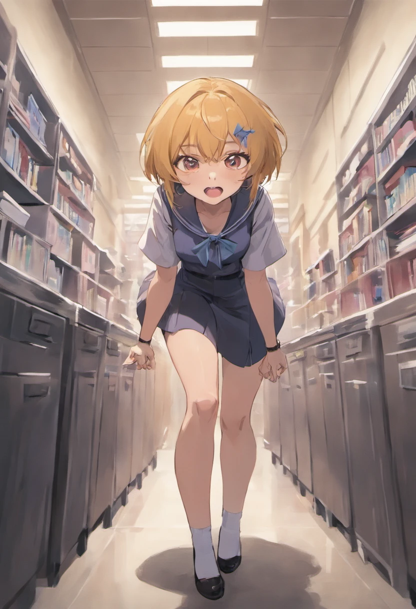 Works of masters，Best picture quality，female lawyer，Workplace attire，Banking professional shoes，Long white socks，((Giant body shape))，Strong body，Head over the ceiling，torn laundry，Broken clothes，Button，Kneeling，(look of anguish)，Open mouth anime emoticon，style of anime，Moe style art，The whole body occupies a small office single，Broken shoes
Authoring information