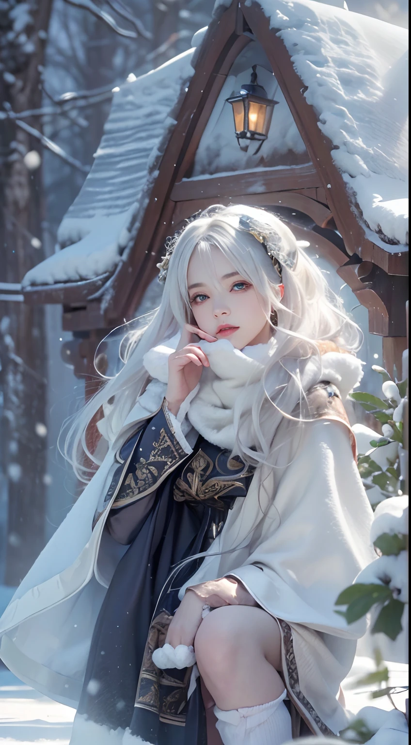 (8K, RAW photo, Photorealistic:1.4), high resolution, 1 Women, Solo,。.。.。.3D,Sitting,(ta costume),Wear a flowing skirt, Beautiful eyes, White hair, ringed eyes, (sitted,Cloak,Heavy snow),snowfield