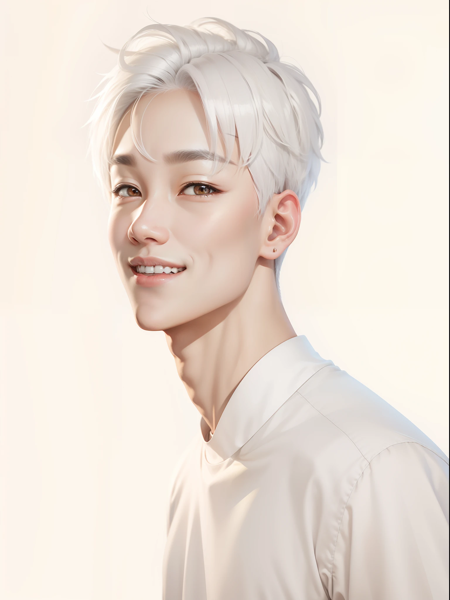 Korean cute boy,white hair, brown eyes, white t-shirts,smile,eye smile, realistic