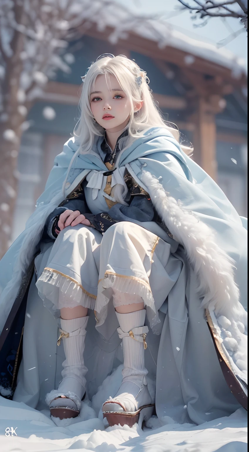 (8K, RAW photo, Photorealistic:1.4), high resolution, 1 Women, Solo,。.。.。.3D,Sitting,(Lolita costume),Wear a flowing skirt, Beautiful eyes, White hair, ringed eyes, (sitted,Cloak,Heavy snow),snowfield