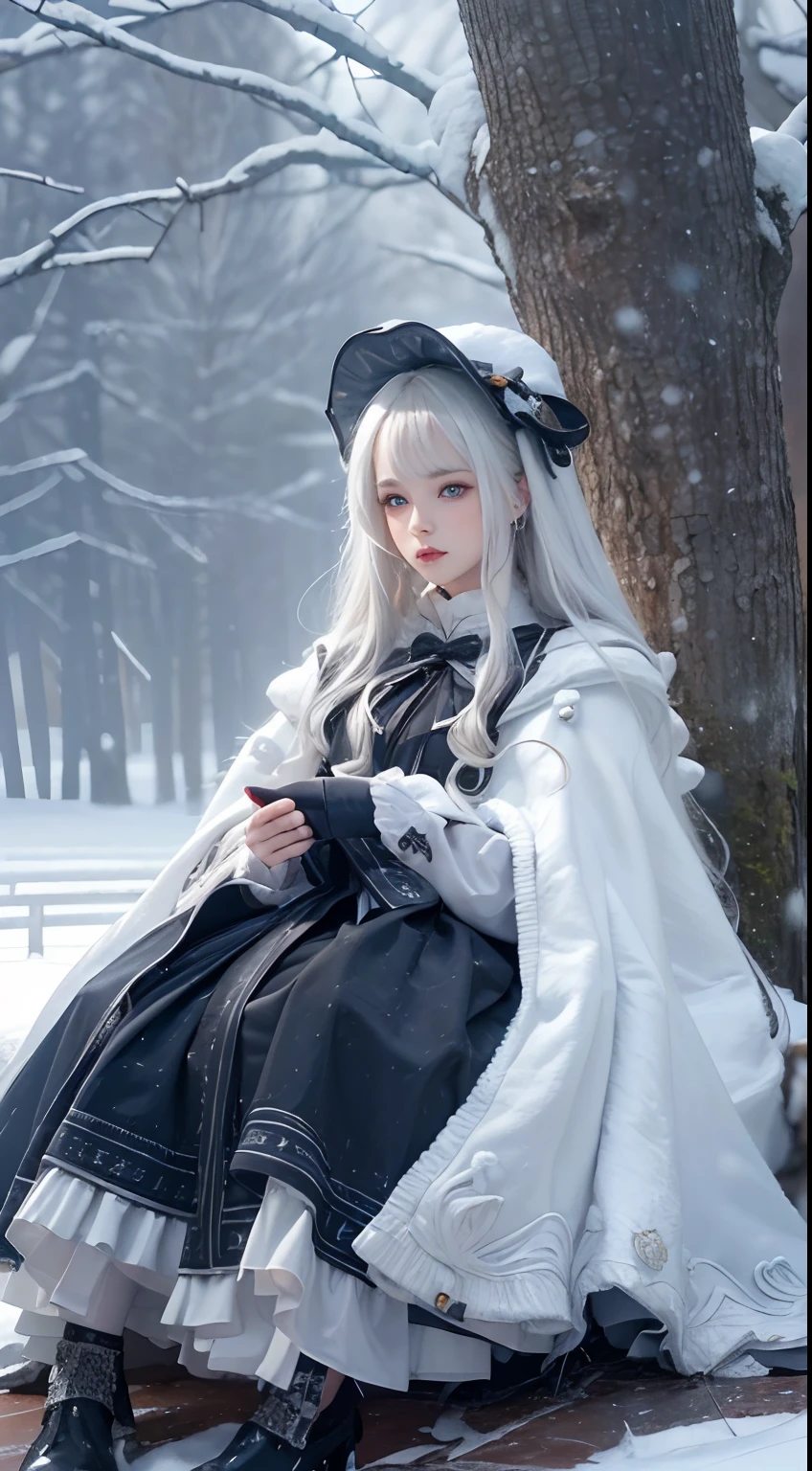 (8K, RAW photo, Photorealistic:1.4), high resolution, 1 Women, Solo,。.。.。.。.3D,Sitting,(ta costume),Wear a flowing skirt, Beautiful eyes, White hair, ringed eyes, (sitted,Cloak,Heavy snow),snowfield