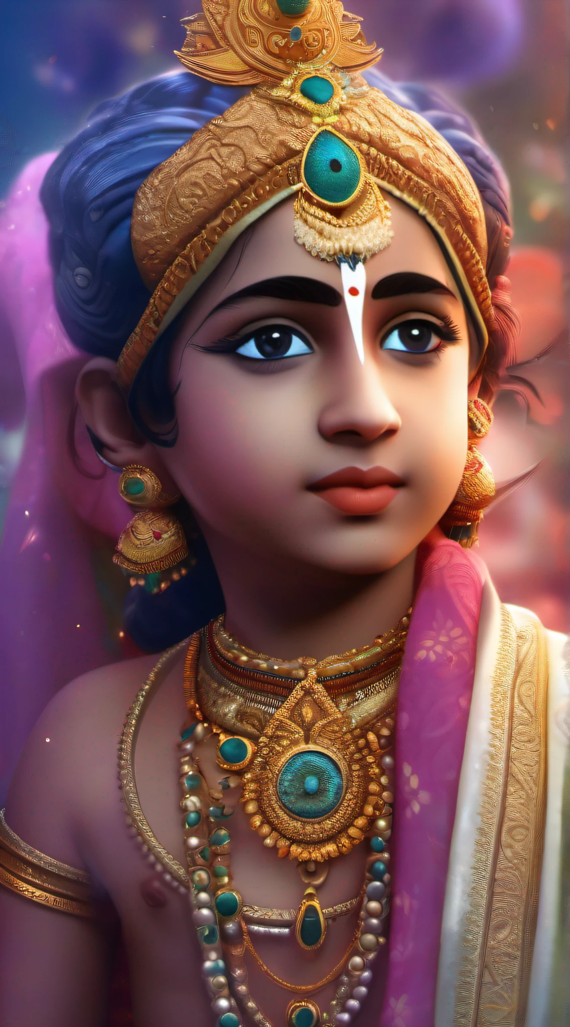 (best quality,highres:1.2),ultra-detailed,realistic,photorealistic:1.37,professional,(portrait,lord krishna),(gift:1.1),(photorealistic detailed skin texture),(colorful),(bright lighting)