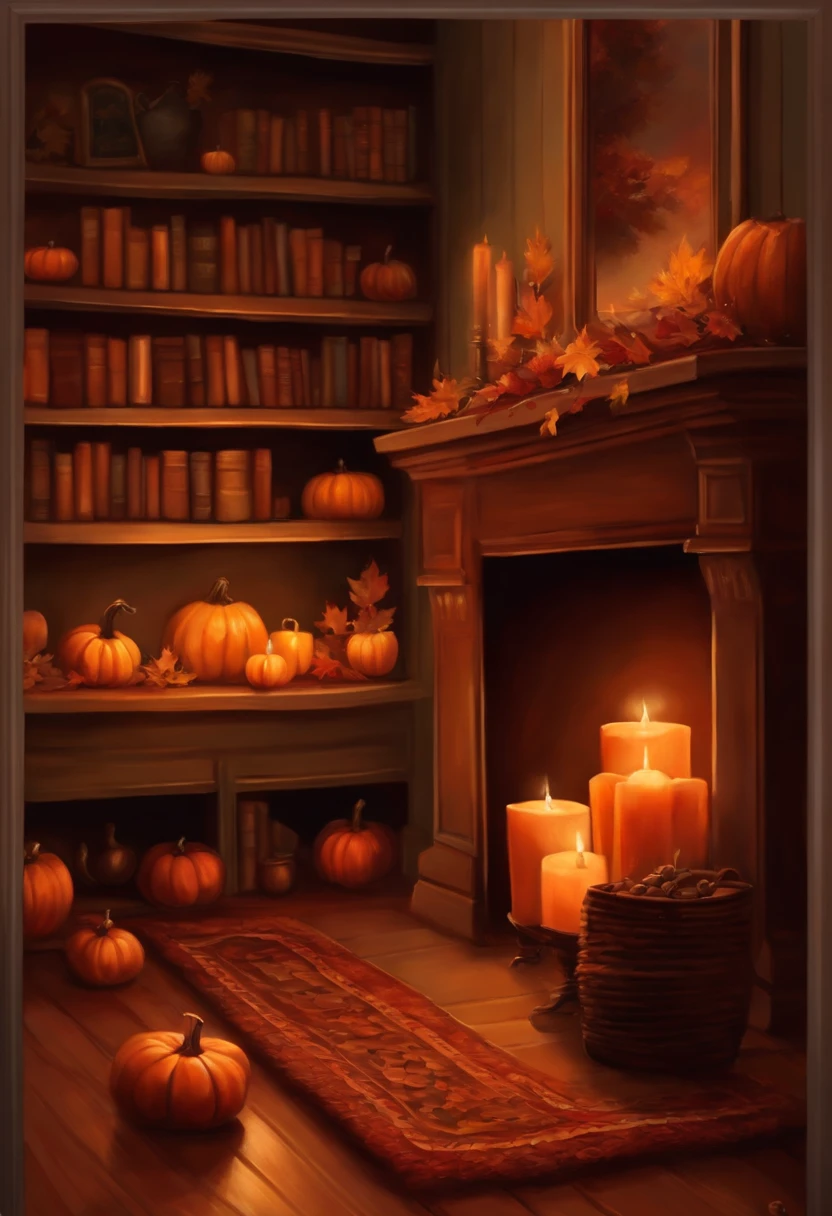 An oil painting of a cozy scene of a fireplace, a bookshelf, and a cup of hot chocolate, with a few fall leaves and pumpkins on the mantel and the floor.