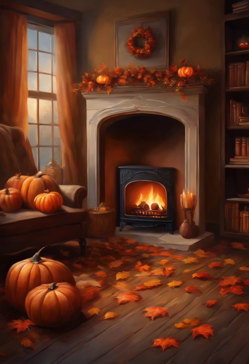 An oil painting of a cozy scene of a fireplace, a bookshelf, and a cup of hot chocolate, with a few fall leaves and pumpkins on the mantel and the floor.