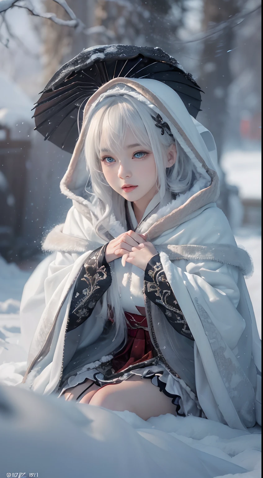 (8K, RAW photo, Photorealistic:1.4), high resolution, 1 Women, Solo,。.。.。.。.3D,Sitting,(Lolita costume),Wear a flowing skirt, Beautiful eyes, White hair, ringed eyes, (sitted,Cloak,Heavy snow),snowfield