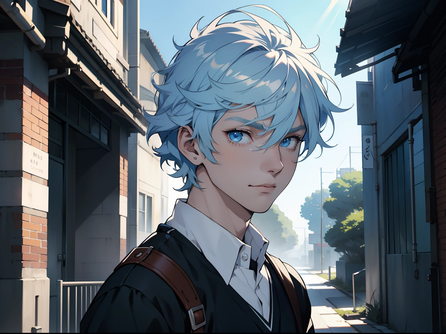 pale man, male, blue eyes, sunlight, curly pale blue hair, school Outfit, pretty, highly detailed, cinematic, epic, anime style