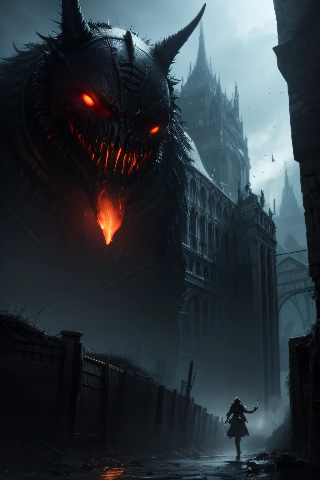 1girl,fight,(1monster),(size difference):1.4,swing sword,cast magic, ((wallpaper)):1.3, in the art style of H. R. Giger,clockwork steampunk, isometric art style, head and chest only, by Beksinski, 4k, deviantart, trending on artstation,, Eerie torchlight and abyssal energies cast a malevolent glow on the citadel s shadowy corridors , Twisted architecture and echoing passages form the battleground, while distant whispers add to the oppressive atmosphere ,A vigilant tiefling rogue stands poised, daggers at the ready, prepared to face a monstrous, abyssal guardian , ,The rogue s movements are calculated and swift, each strike aimed for the guardian s weak points , She navigates the citadel with agility, using her shadowy abilities to evade the guardian s attacks and delivering precise strikes with relentless focus ,,