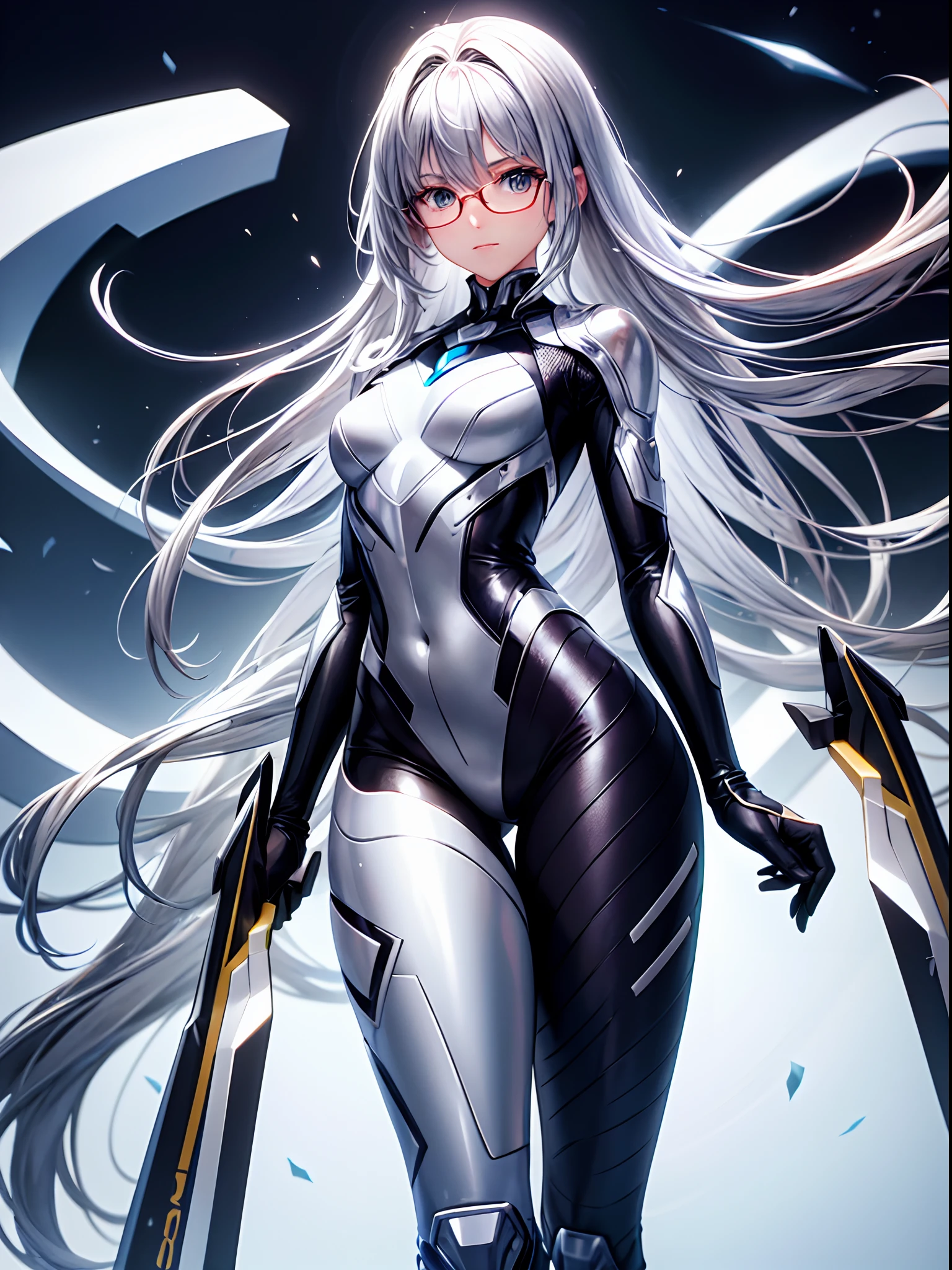 5 8K UHD、Silver metallic body mechanical beauty wearing glasses is turning around with her ass turned、Silver metallic robot with hidden skin shiny、Metallic buttocks