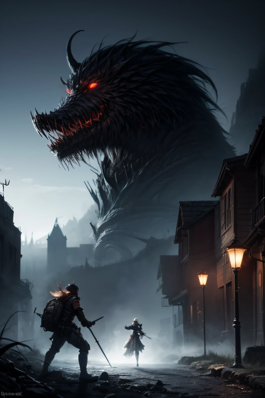 1girl,fight,(1monster),(size difference):1.4,swing sword,cast magic, ((wallpaper)):1.3, in the art style of H. R. Giger,clockwork steampunk, isometric art style, head and chest only, by Beksinski, 4k, deviantart, trending on artstation,, Eerie torchlight and abyssal energies cast a malevolent glow on the citadel s shadowy corridors , Twisted architecture and echoing passages form the battleground, while distant whispers add to the oppressive atmosphere ,A vigilant tiefling rogue stands poised, daggers at the ready, prepared to face a monstrous, abyssal guardian , ,The rogue s movements are calculated and swift, each strike aimed for the guardian s weak points , She navigates the citadel with agility, using her shadowy abilities to evade the guardian s attacks and delivering precise strikes with relentless focus ,,