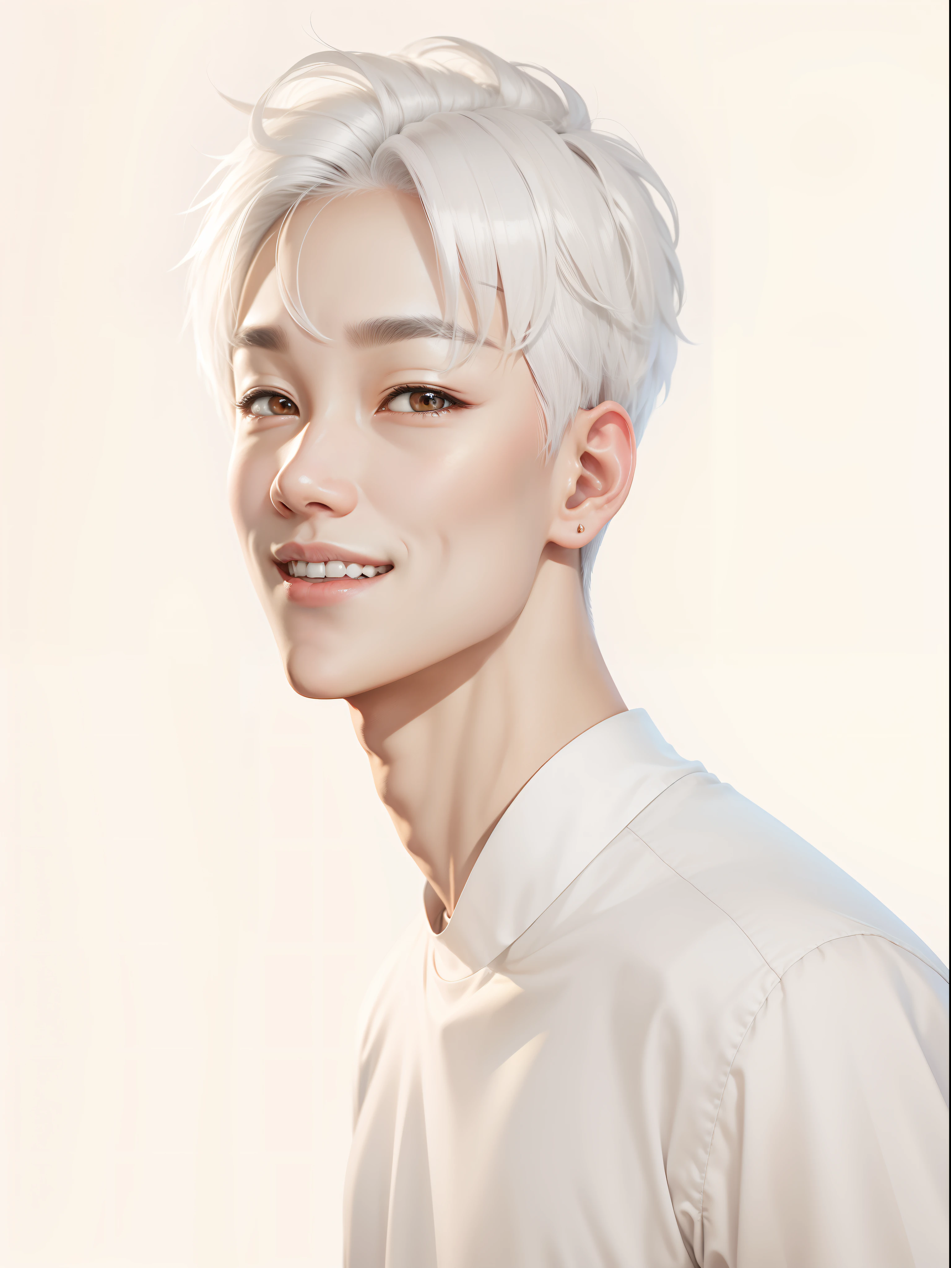 Korean cute boy,white hair, brown eyes, white t-shirts,smile,eye smile, realistic