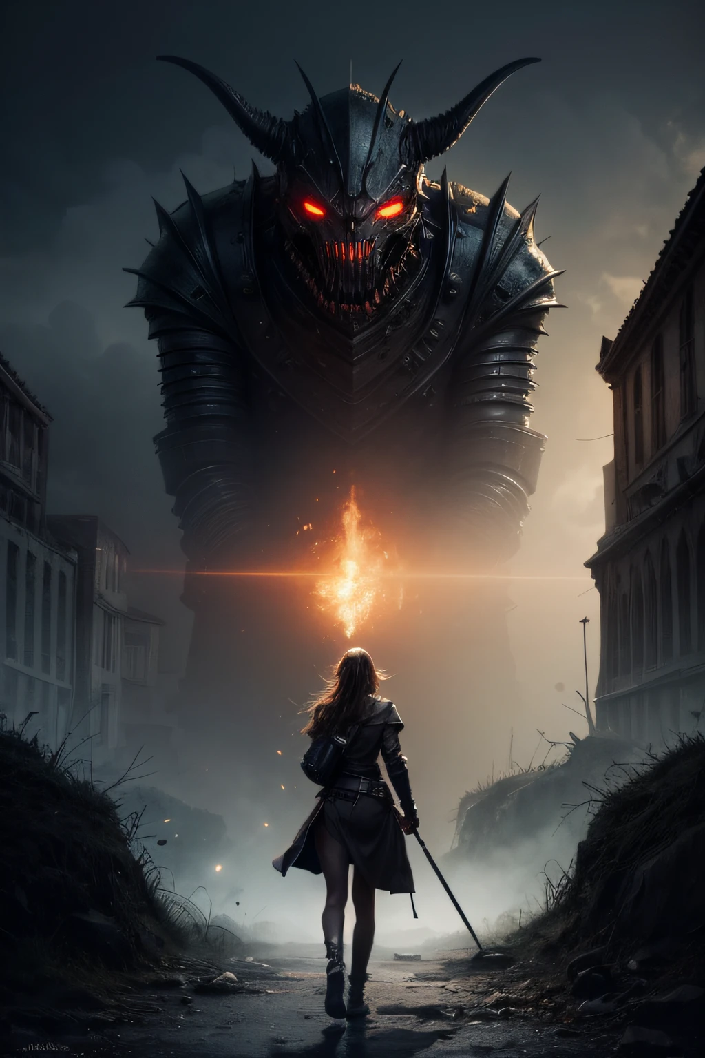 1girl,fight,(1monster),(size difference):1.4,swing sword,cast magic, ((wallpaper)):1.3, in the art style of H. R. Giger,clockwork steampunk, isometric art style, head and chest only, by Beksinski, 4k, deviantart, trending on artstation,, Eerie torchlight and abyssal energies cast a malevolent glow on the citadel s shadowy corridors , Twisted architecture and echoing passages form the battleground, while distant whispers add to the oppressive atmosphere ,A vigilant tiefling rogue stands poised, daggers at the ready, prepared to face a monstrous, abyssal guardian , ,The rogue s movements are calculated and swift, each strike aimed for the guardian s weak points , She navigates the citadel with agility, using her shadowy abilities to evade the guardian s attacks and delivering precise strikes with relentless focus ,,