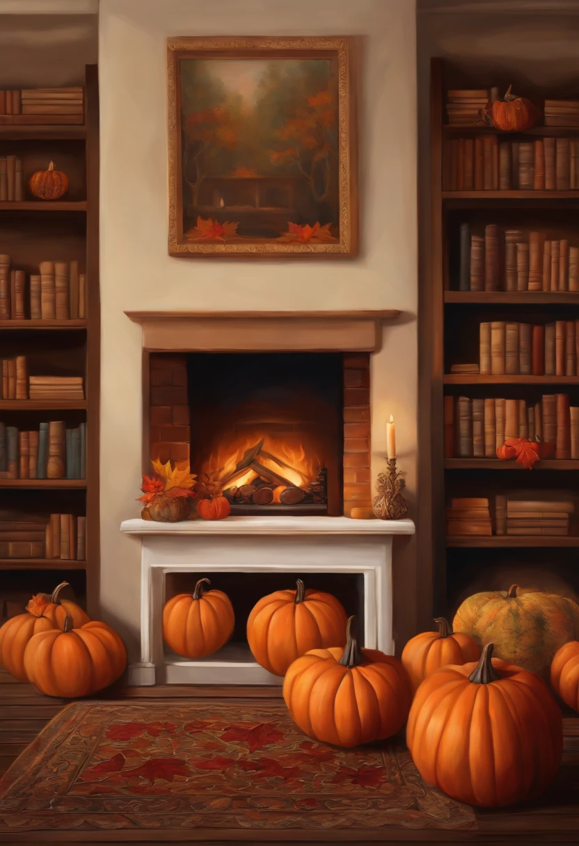 An oil painting of a cozy scene of a fireplace, a bookshelf, and a cup of hot chocolate, with a few fall leaves and one or two pumpkins on the mantel and the floor.