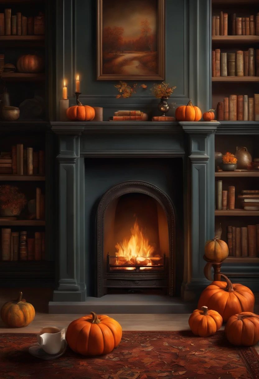 An oil painting of a cozy scene of a fireplace, a bookshelf, and a cup of hot chocolate, with a few fall leaves and one or two pumpkins on the mantel and the floor.