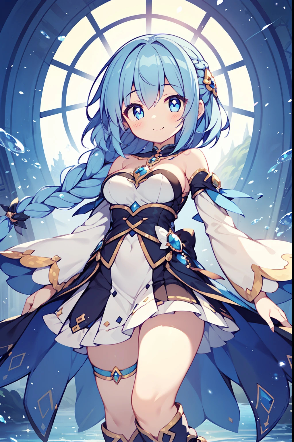 (1girl in:1.2), (Solo:1.2), (masutepiece:0.5), nffsw、Shaders、Brilliant Textured Work、Ultra-detailed eyes、ultra-intricate pupil in eyes、top-quality、Magical Girl Clothes、(medium hair)、(single braid:1.2)、(light blue hair)、(A look full of self:1.2)、(a serene smile:1.1)、Blue costume、Magical Girl Boots、Hierarchical skirt、very large breast、You can see the valley、Shoulder out、Strapless、Separated sleeves、Standing Picture、(contrapposto:1.3)、from below、Game CG Wind、The magical element of water、