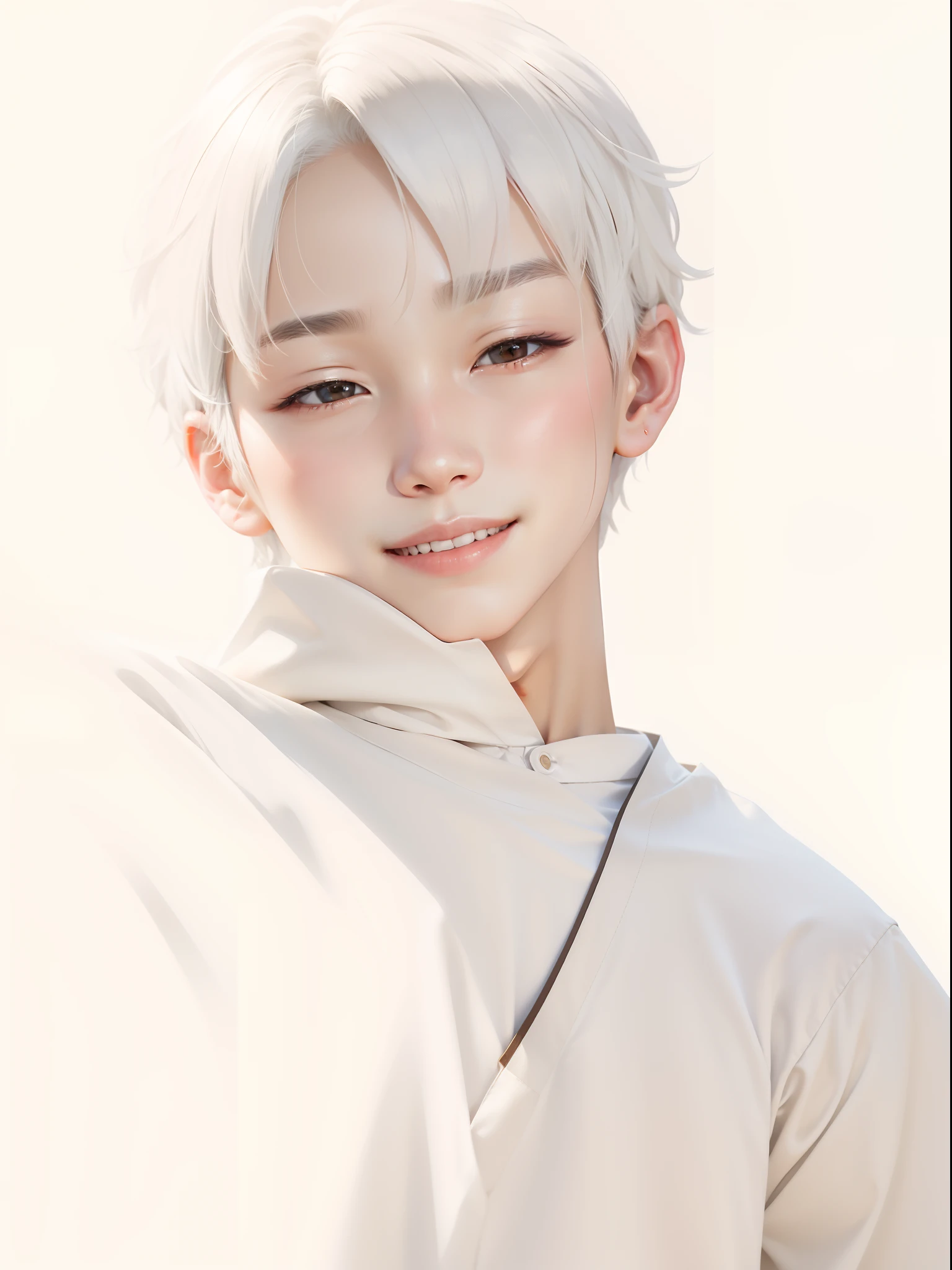 Korean cute boy,white hair, brown eyes, white t-shirts,smile,eye smile, realistic