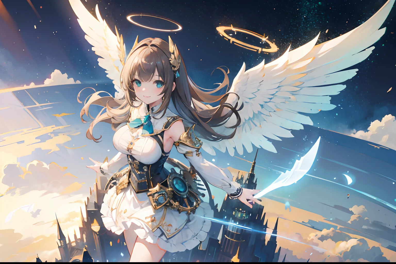 from above, wide shot, scenery, city background, 1 girl, white chiffon skirt, brown hair, long hair, white mini skirt blue corset, 8K, masterpiece, mechanical wings, halo, detailed, green eyes, big breast, smile, flipping skirt, chest open, steampunkai