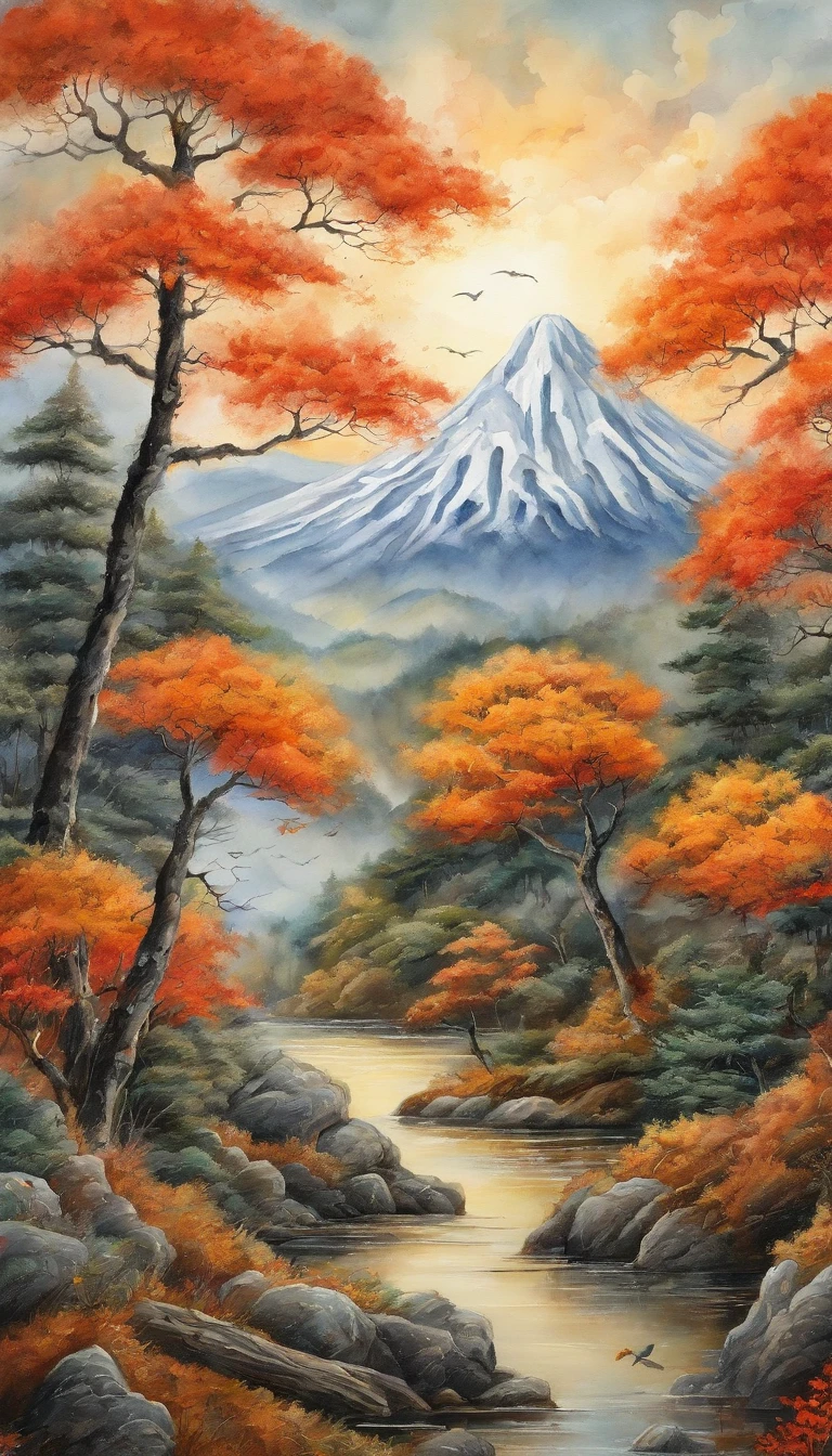 Intricate painting of a Japanese forest in great detail, By scope Murata Works, Galaxy in the background, Clouds, bright colours, high contrast, Mountain, Vector line art, Orange highlights, Pisif's trend, Anime concept art, stick, matte, High best quality, Edge to edge, Sanskrit