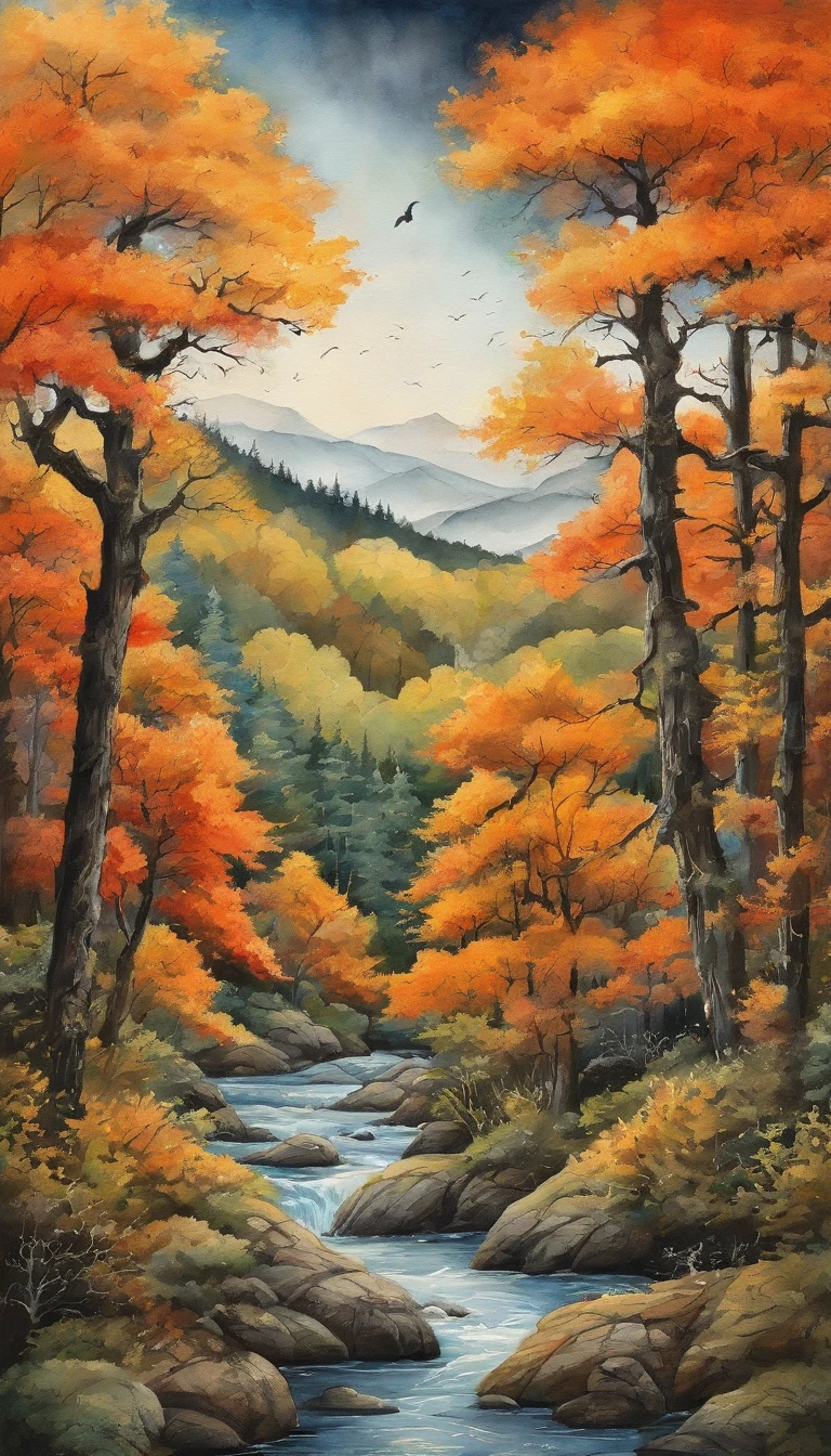 Intricate painting of a Japanese forest in great detail, By scope Murata Works, Galaxy in the background, Clouds, bright colours, high contrast, Mountain, Vector line art, Orange highlights, Pisif's trend, Anime concept art, stick, matte, High best quality, Edge to edge, Sanskrit