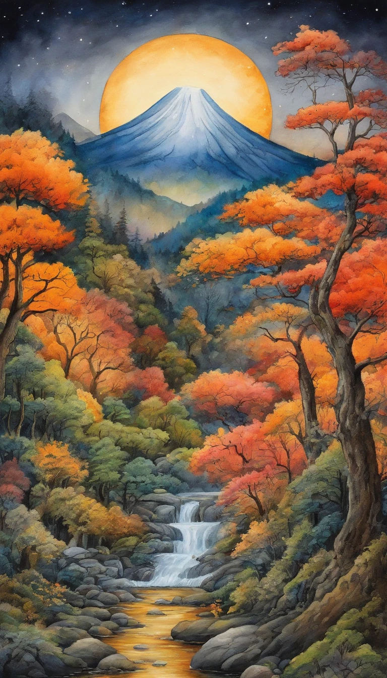 Intricate painting of a Japanese forest in great detail, By scope Murata Works, Galaxy in the background, Clouds, bright colours, high contrast, Mountain, Vector line art, Orange highlights, Pisif's trend, Anime concept art, stick, matte, High best quality, Edge to edge, Sanskrit