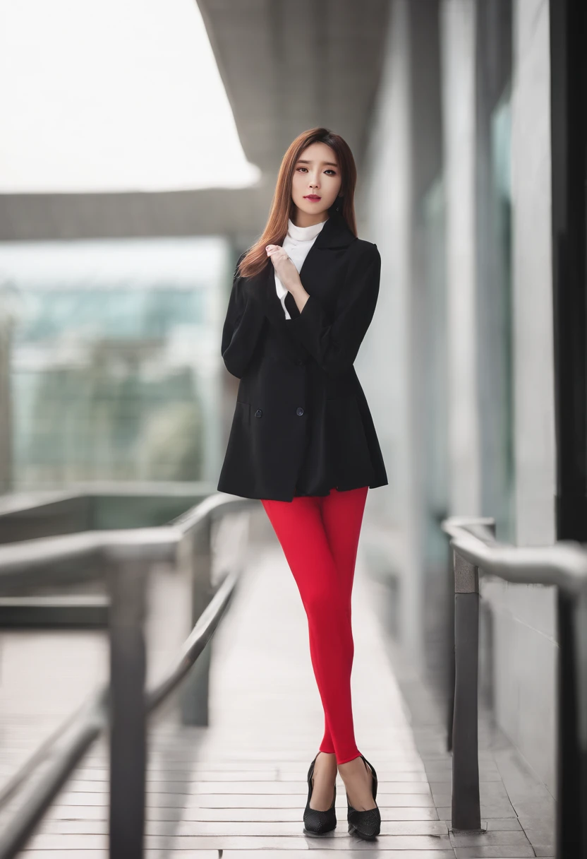 Mature woman 50 meters tall,Standing between tall buildings,der riese,Overlooking the lens,red leotard,((best qualtiy,8K,tmasterpiece:1.3))),Clear focus:1.2,Beautiful Women in Perfect Figure:1.4,Slender abs:1.2,highly-detailed face,Detailed eyes,二重まぶた,pelo rojo corto