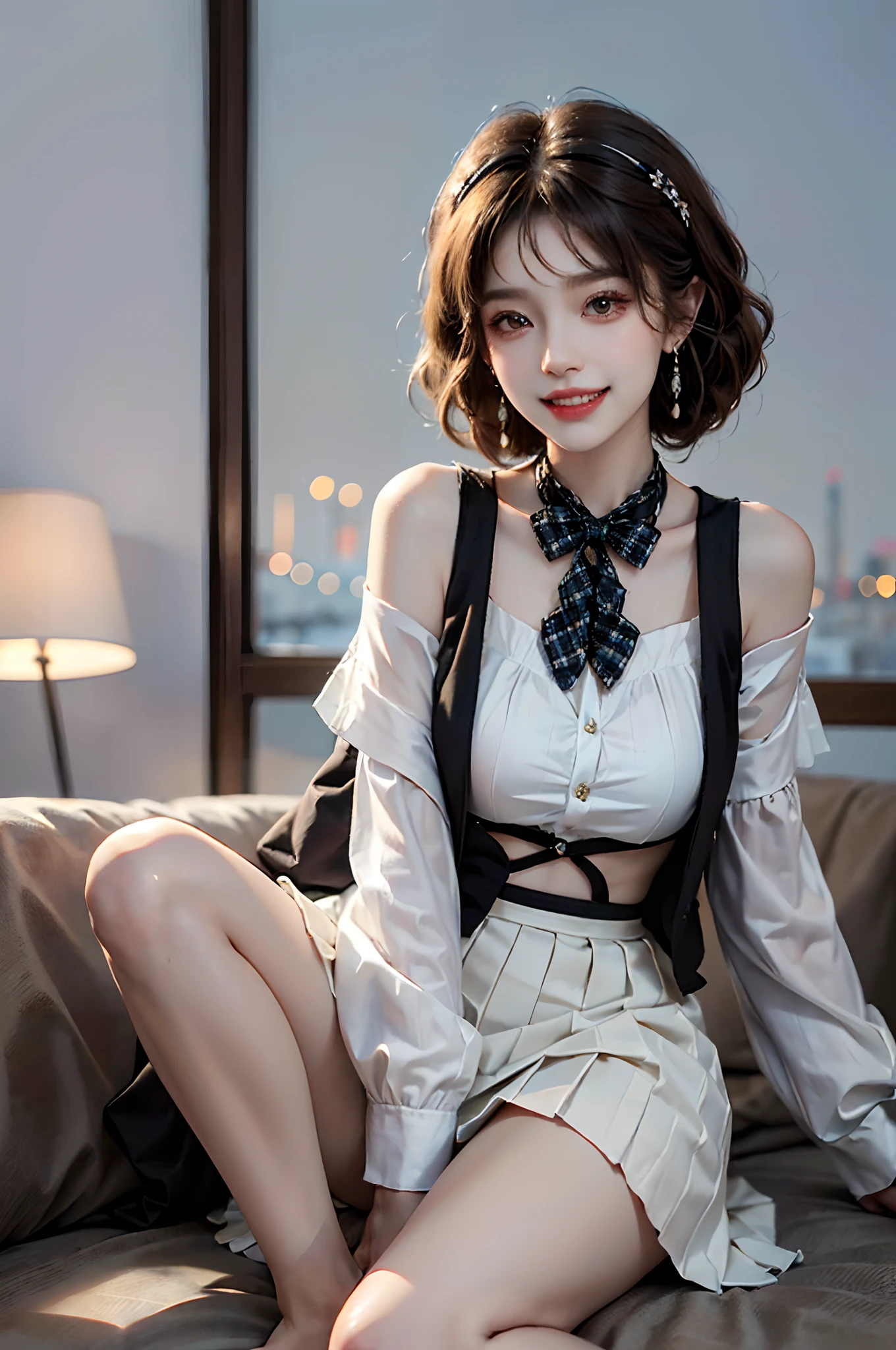 ((full body)), ((from below)), ((Sit Pose)), ((realistic)), ((off shoulder clothes)), 1girll, Asian model, curlies, Air bangs, Beautiful hair accessories, Brown hair, slim, ((Black vest, neck bowtie, White pleated skirt)), Campus style, (Random scenes) (warm lights, a warm color palette), Detailed details, ultra-detailliert, (tmasterpiece, best qualtiy), (An extremely delicate and beautiful work), Delicate earrings, Simple blurred background, Extreme detail description, Ultra-fine painting, Delicate face, slim toned body, (grin, Baring teeth)