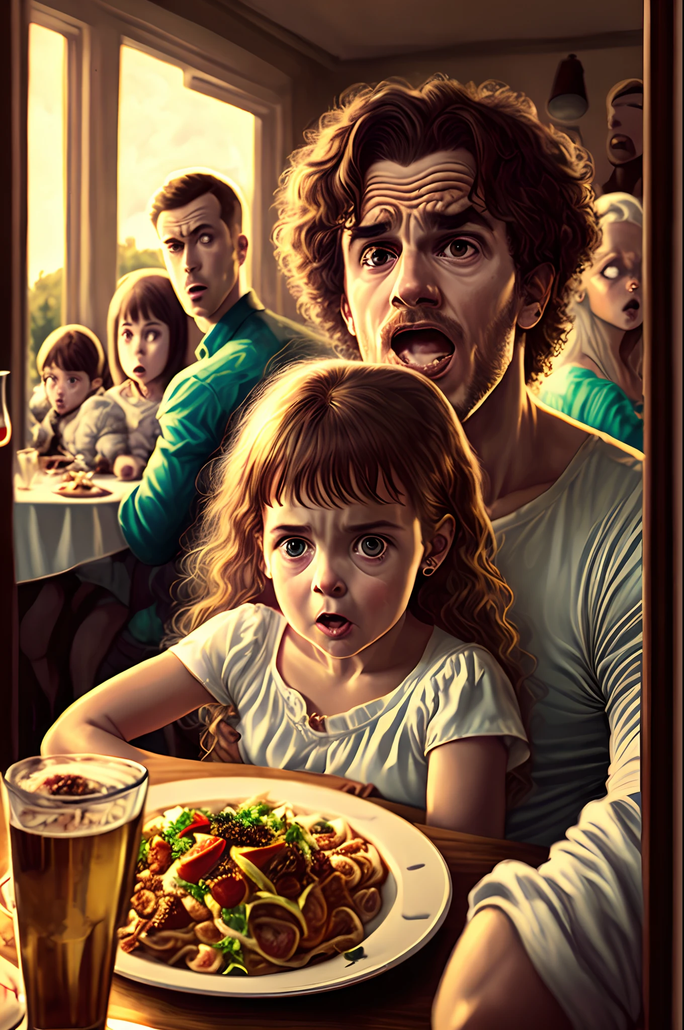 family having dinner, expression of fear