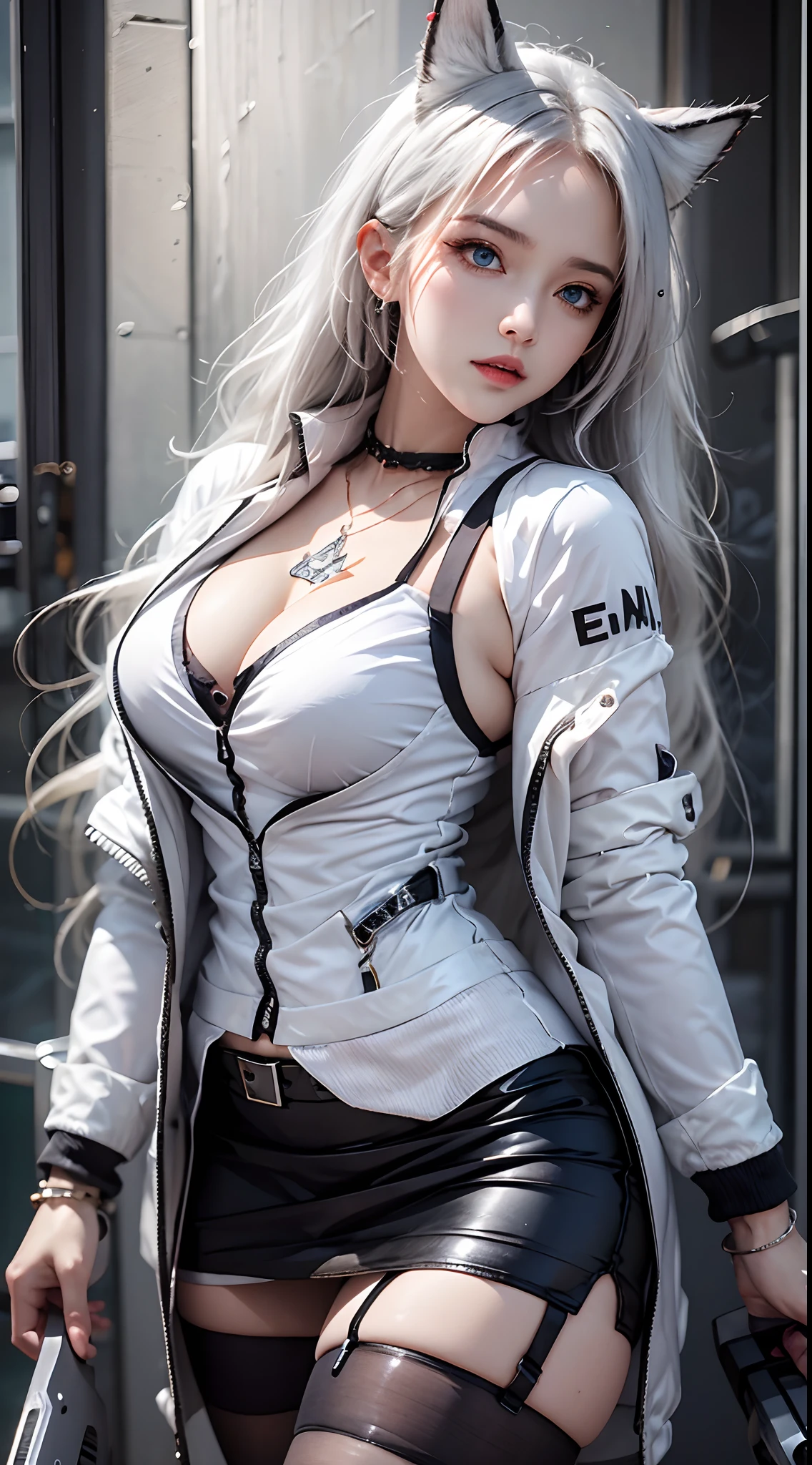 Photorealistic, high resolution, 1 woman, Hips up, Beautiful eyes, Long hair, ringed eyes, jewelry, tattoo, outfit-Blaze, cat ears, white bra, white jacket, black skirt, thigh highs, blue eyes, chainsaw