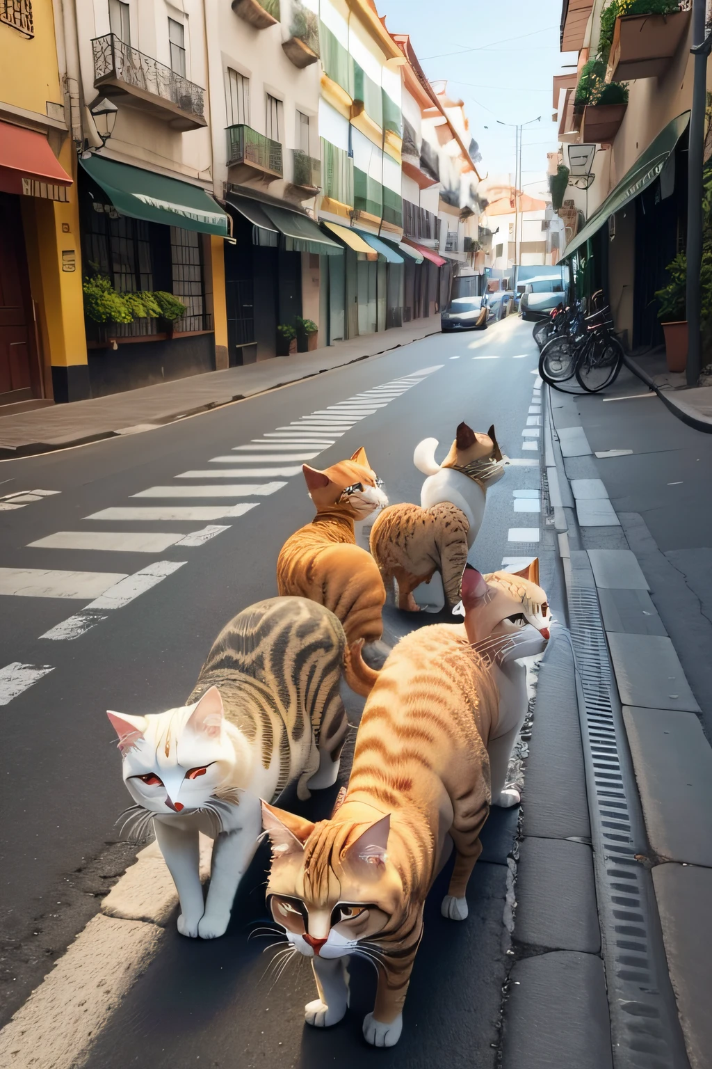 Gatos de rua atravessando a faixa de pedestre