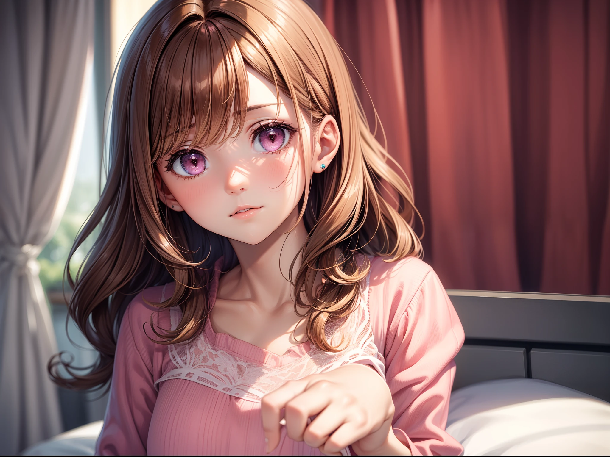 ((Best quality)), light brown hair, short wavy hair, pink eyes, chill