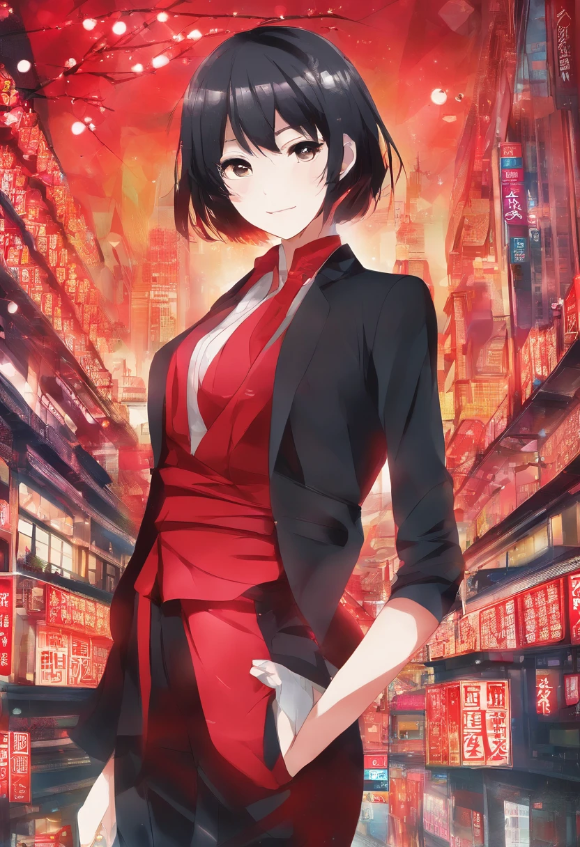 Mature woman 50 meters tall，Standing between tall buildings,der riese，Overlooking the lens，red leotard，（（best qualtiy，8K，tmasterpiece：1.3））），Clear focus：1.2，Beautiful Women in Perfect Figure：1.4，Slender abs：1.2，highly-detailed face，Detailed eyes，二重まぶた，pelo rojo corto
