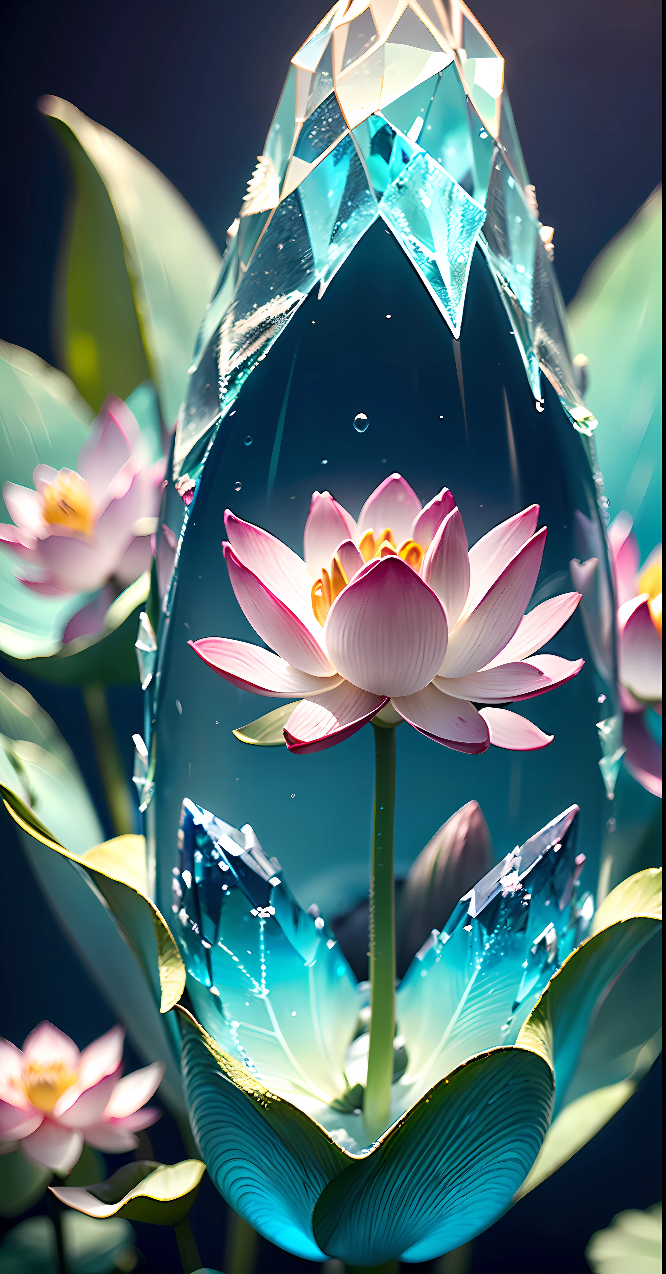 Hyper-realistic、16K High Resolution、(Maximum Sharp Focus:1.3)、(Maximum Close-up:1.5)、(Single crystal with Sakura trees inside 1.5)、(Large bokeh background、blue back light:1.3) 、(Lotus flower、icy、aqua:1.5),((colourful crystal))