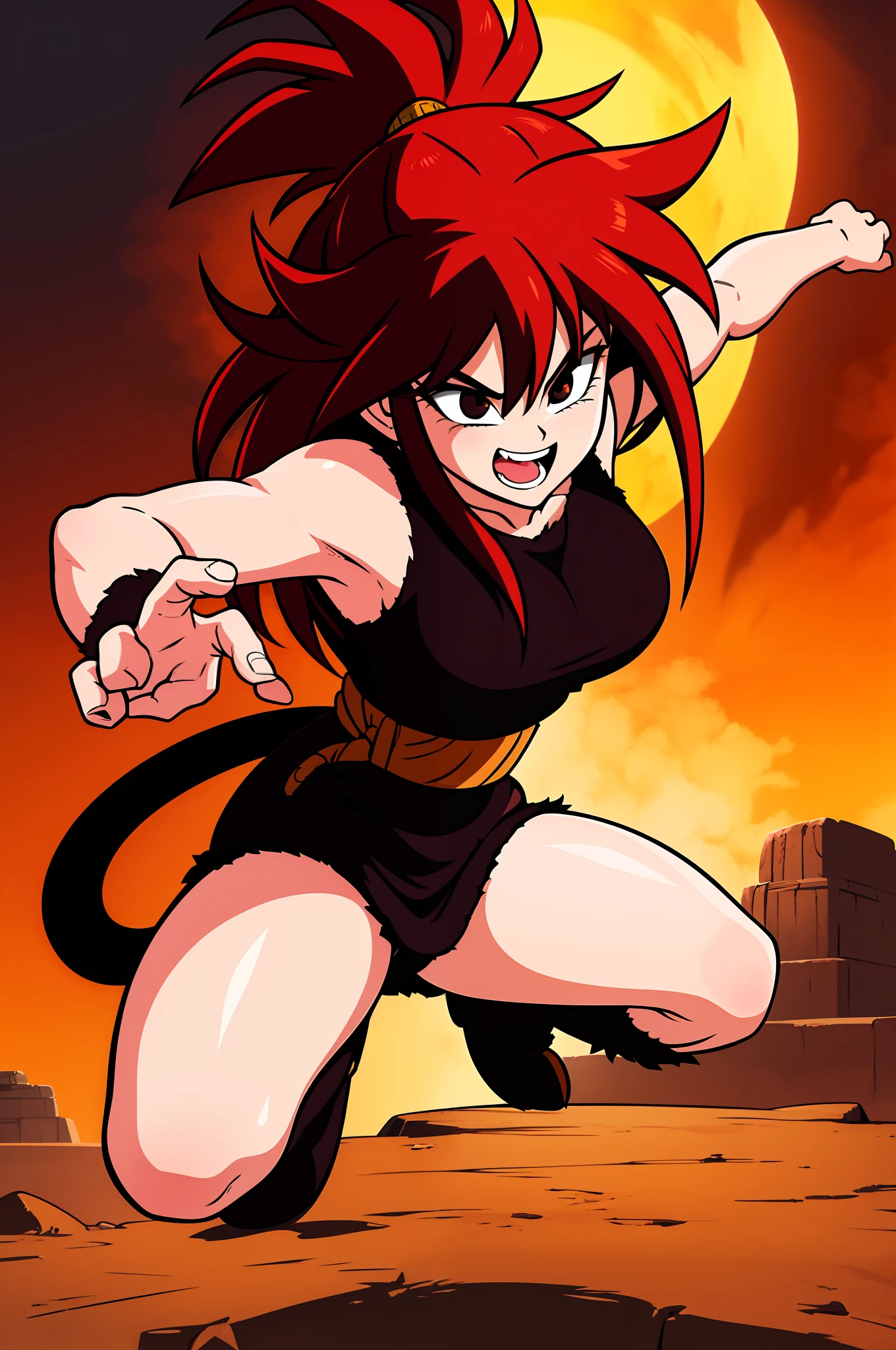 masterpiece, best quality, detailed face, detailed eyes, black eyes,1girl,Saiyaness, 1girl,Saiyan monkey tail, red hair, long wild spiky hair, hair tied, animal skin pelt, animal skin boots, pelt,  ,laughing maniacal, bloody hands,