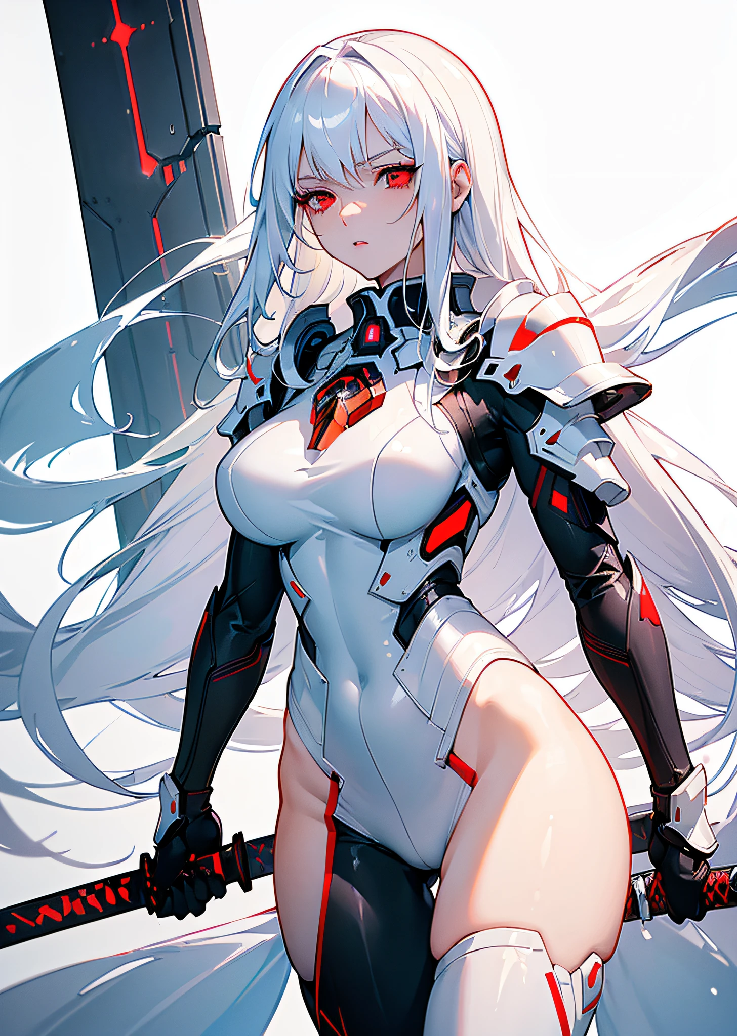 ((masterpiece:1.4, best quality:1.2)), 1girl, solo focus, tall female, delicate face, stern expression, extremely detailed anime face and eyes, beautiful white armor, hourglass figure, white hair, gradient hair, very long hair, red eyes, glowing eyes, cyberwear on face, holding plasma katana, striking, futuristic setting, white background, profile,