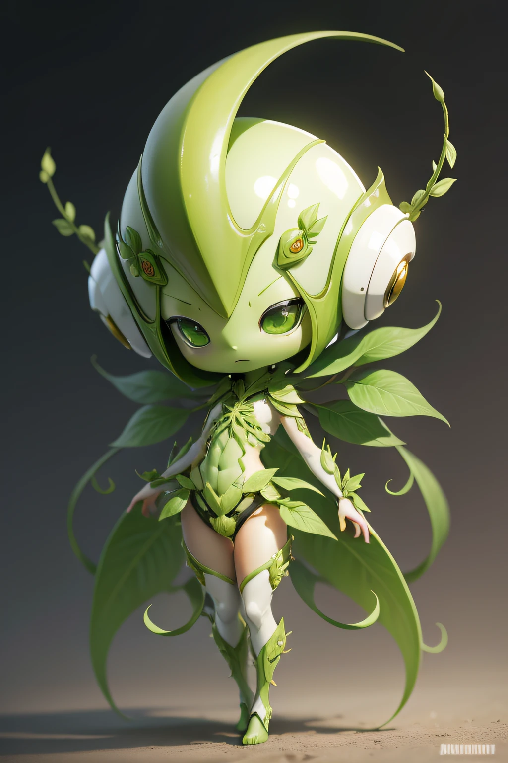 chibi, full-body, white background, alien botanist, photosynthetic skin, flora-based weaponry, vine-like appendages