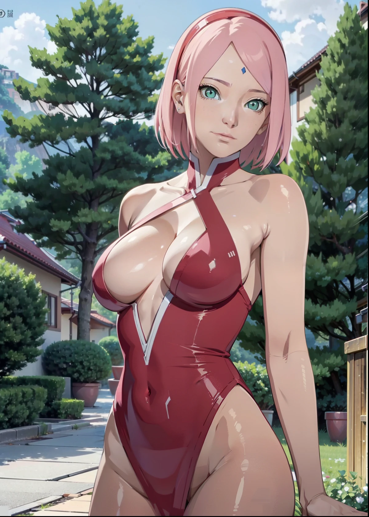 Sakura Haruno,女の子1人,kleine Brust,Perfect Body,schmale Taille,sexy body,hellrosa Haare,green eyes,symmetrisches Gesicht,Sharpness,Scharfer Fokus,Extrem detaillierte Kleidung,cute smile,Blick auf den Betrachter,Stillstand,Aufrecht stehend,Beautiful garden in the background,dunkelblaue Raute auf der Stirn,full entire body,full-length portrait,nude,nudity,sex,She shows off her breasts,sie zeigt ihre nippel,perfect round boobs,naked,naked boobs