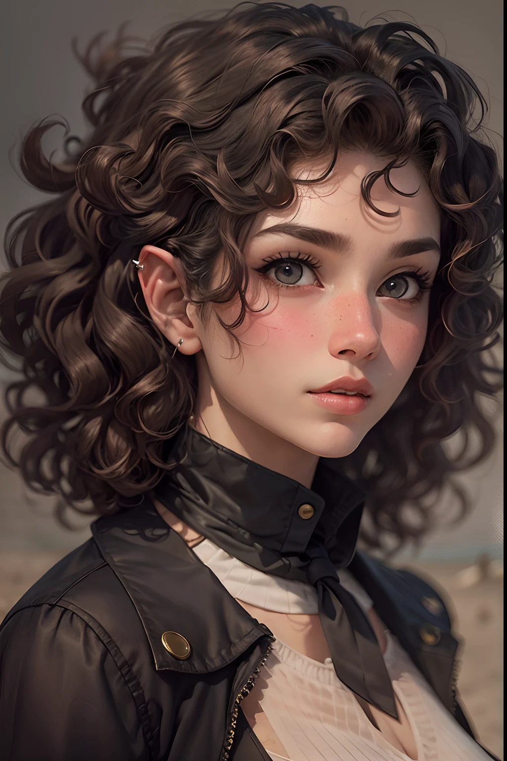 A woman wearing a black shirt and black tie, short brown hair and large eyes, Hermaphroditic face, with short hair, Curly elf hair, Curly elf hairstyle, headshot of young female furry, halfbody headshot, black hair and large eyes, around 1 9 years old, androgynous person, Profile image, small lips pointy nose, realistic body structure, sunbathing at the beach, Show some adult body lines