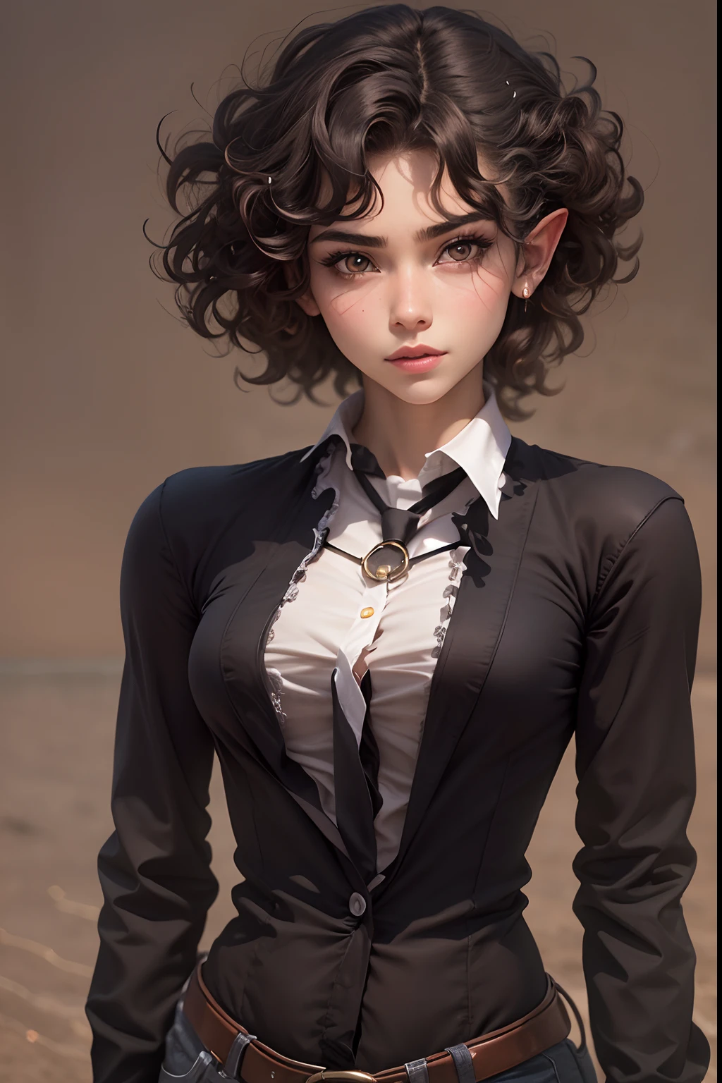 A woman wearing a black shirt and black tie, short brown hair and large eyes, Hermaphroditic face, with short hair, Curly elf hair, Curly elf hairstyle, headshot of young female furry, halfbody headshot, black hair and large eyes, around 1 9 years old, androgynous person, Profile image, small lips pointy nose, realistic body structure, sunbathing at the beach, Show some adult body lines