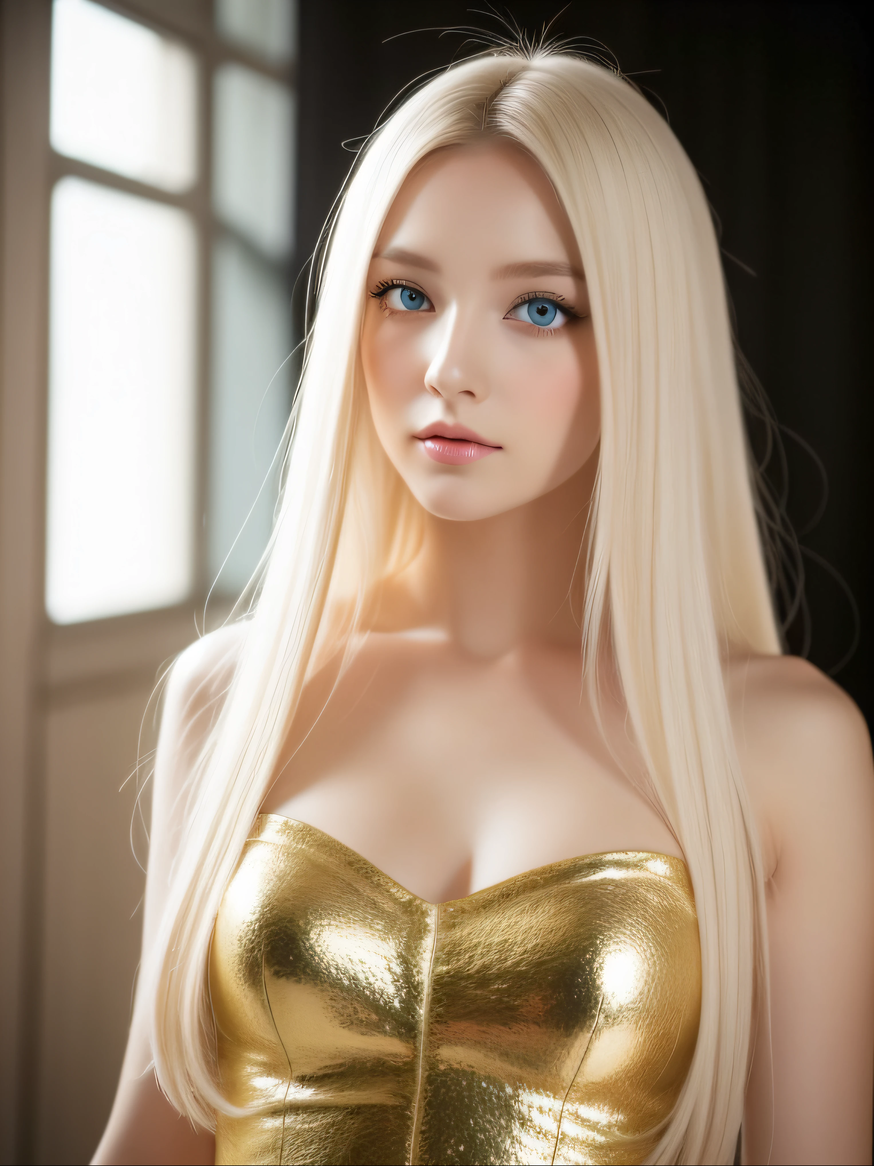 A woman of beauty in a fantastic space, Tight micro dress in white and gold colors, 98K, {{Masterpiece}}, Best Quality, High Quality:1.4), {{[[Front view}}, line of sight_tocar,Multiple photo poses)]], Very pretty look, is in the club, And very pretty eyes, Cute images, Cute images, {{A half body}}, {{{{{{{{Long leg}}}}}}}}, {{{{Slender sexy body}}}}, {{{{{{Tall Woman}}}}}}, {{Height 177cm}}, Solo, beautiful, Lovely, Adorable, pale-skin, {{German girl aged 18-22}}, See beautiful German girl with platinum blonde hair color and blue eyes or green eyes), Nordic German  girl, {{{{{{{{{{Half Girl}}}}}}}}}}, {{{{{{{{{{high_heels}}}}}}}}}},