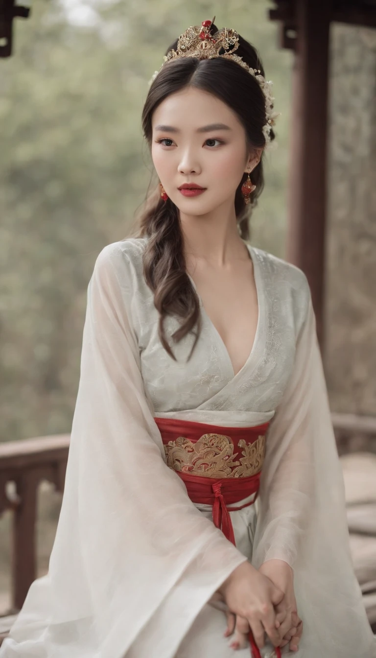 realistic, RAW photo, dslr, film grain, Fujifilm XT3, night shot, 1girl, goddess women, (curly hair, long hair), (thigh,off shoulder:1.2), ([:see-through:4]:1.4) (red floral print hanfu:1.1), pencil skirt, black pantyhose, (deserted street:1.3), Backlit, Bokeh, Contrast Filters, (smile:0.8), looking at viewer, (china jiangnan water town style:1.1), water, wet, ,