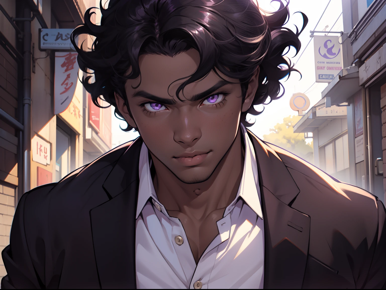 dark skin man, male, purple eyes, full lips, sunlight, curly black hair, preppy Outfit, pretty, highly detailed, cinematic, epic, anime style