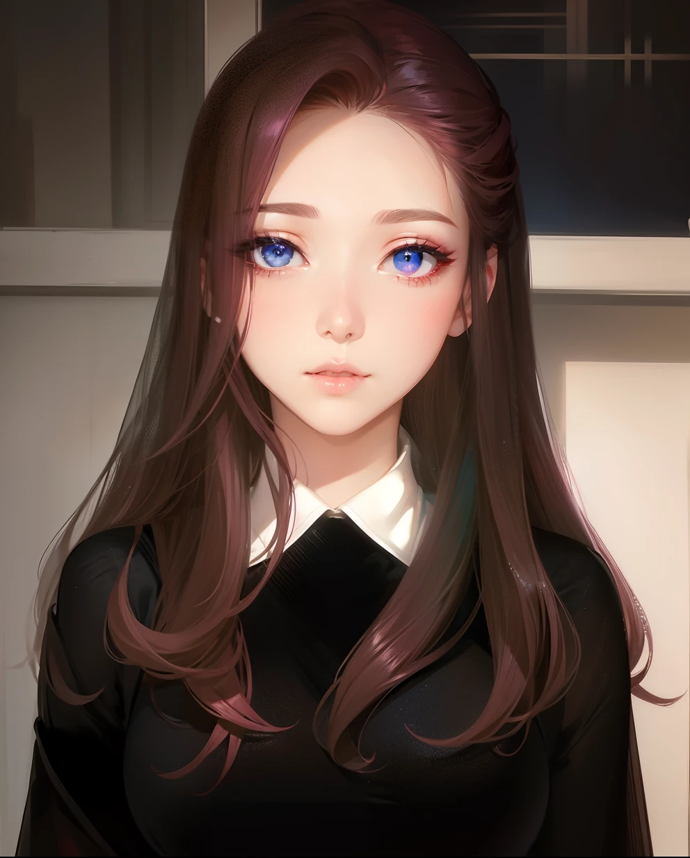 Maroon hair and eyes、lips glow pink、A dark blue dress and white eli bring a sense of cleanliness。Elegant lady type、Her eyes are soft and gentle as if they were wet.