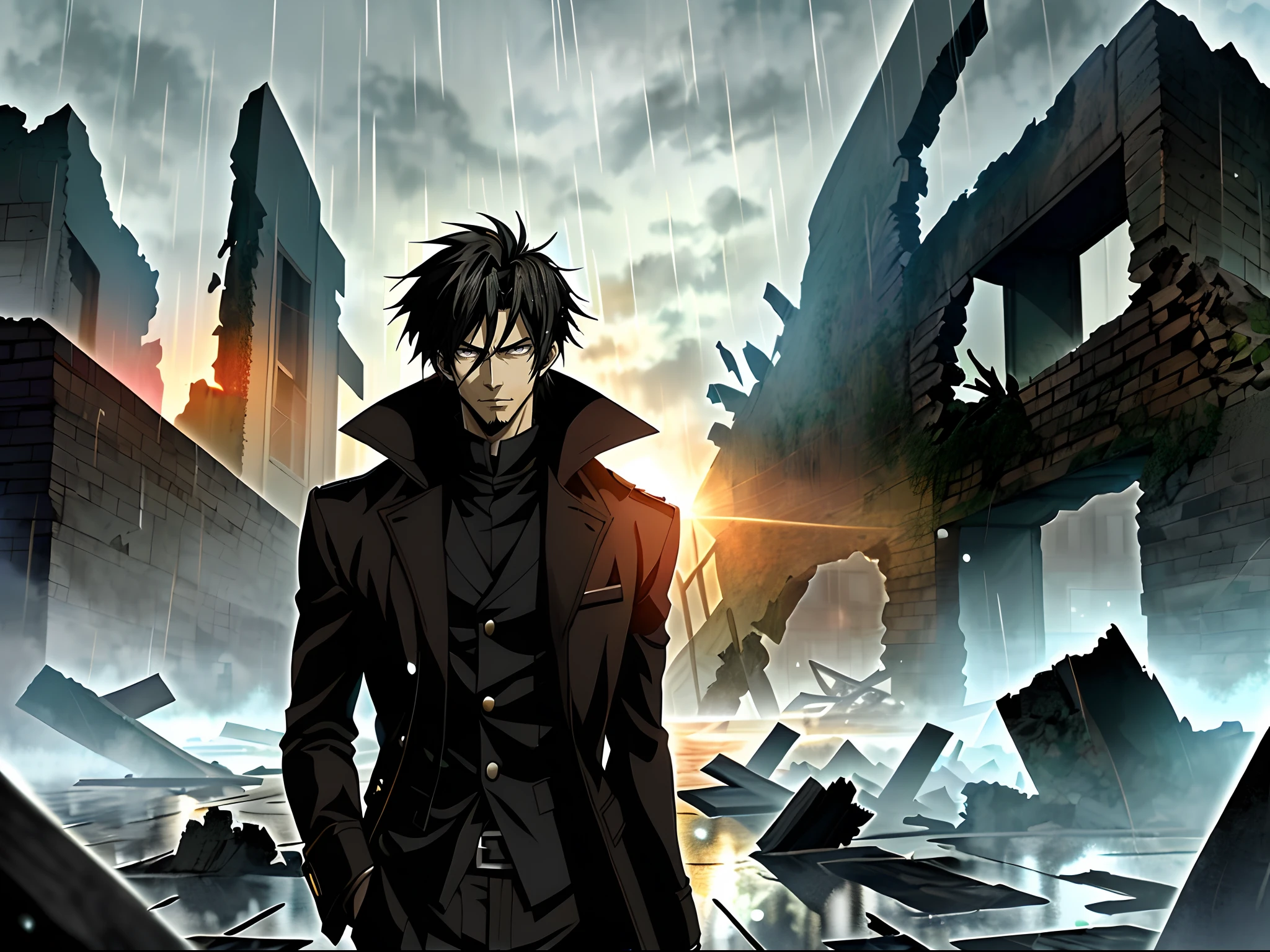 An anime man in a black coat stands in the ruins in the rain, Black Eyes Anime Handsome, Anime portrait of a handsome man, anime concept hdr anime macmanus, Key anime art, male anime character,
