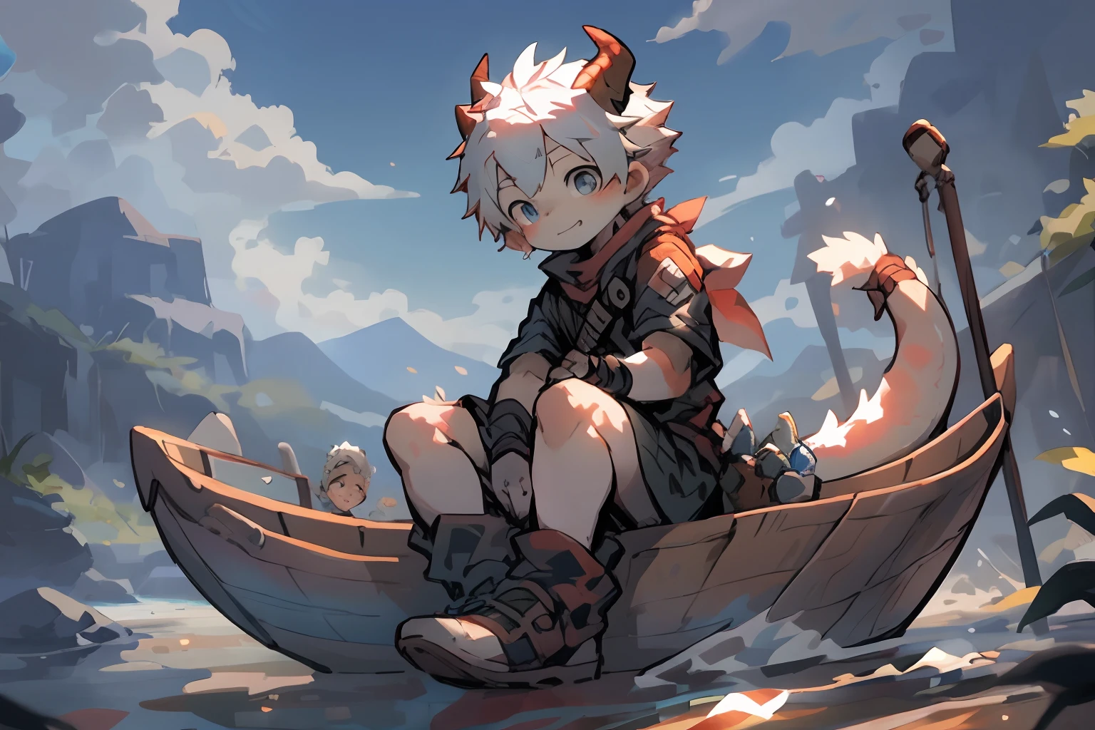 Stylistic image of a little boy sitting in a wooden boat, trending on artstation pixiv, Guviz-style artwork, Very handsome， Guviz, Guweiz on ArtStation Pixiv, young male anthro dragon，White scales，White hair，long distance photo，male people，toddlers，((Libido boy))，Dragon's horn，by Pino Daeni, canyne khai, milkytiger1145, Dagasi, Yupa，Wooden boats，Wooden paddles，((solo person))