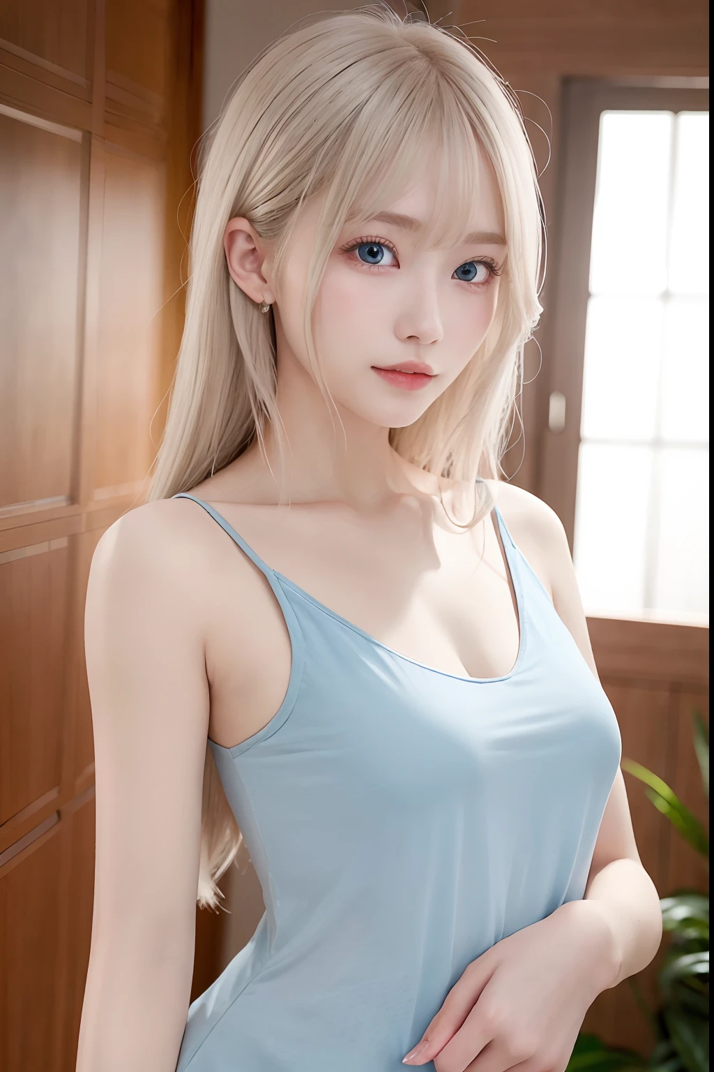 Sexy and very beautiful cute face、shiny beautiful skin、White beautiful skin、Beautiful pale light blue eyes, Beautiful very long blonde hair、Sexy swaying bangs、18 years old cute little face beautiful girl、Long T-shirt、dressed casually