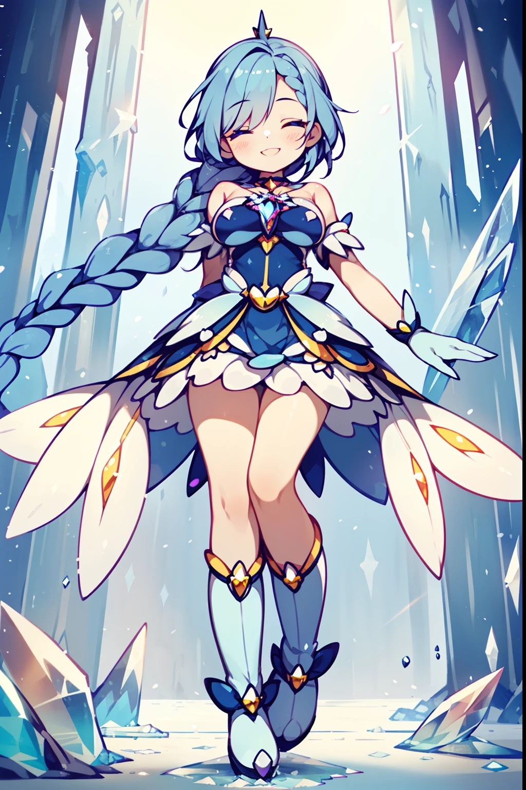 (1girl in:1.2), (Solo:1.2), (masutepiece:0.5), nffsw、Shaders、Brilliant Textured Work、Ultra-detailed eyes、ultra-intricate pupil in eyes、top-quality、Magical Girl Clothes、(medium hair)、(single braid:1.2)、(light blue hair)、(A look full of self:1.2)、(a serene smile:1.1)、(closed one eyes)、Blue costume、(Ice Magical Girl Boots:1.5)、Hierarchical skirt、(very large breast:1.u can see the valley、Shoulder out、Strapless、Separated sleeves、Standing Picture、(contrapposto:0.9)、from below、Game CG Wind、